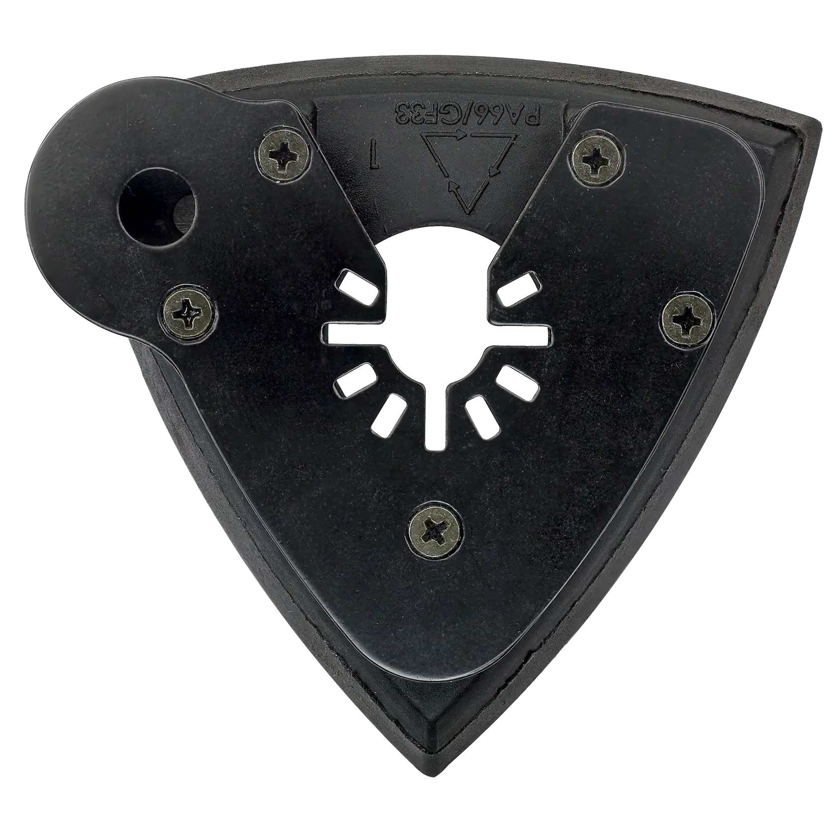 DEWALT DT20700 triangular sanding pad accessory with mounting holes for multitools, black color.