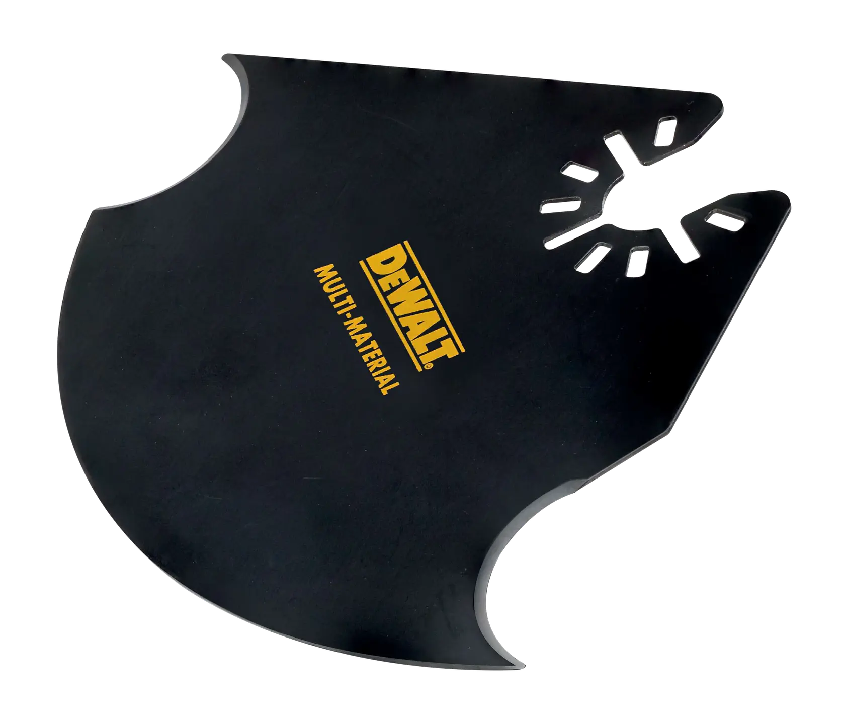 A DEWALT branded multi-material saw blade attachment with a black finish and angular design, suitable for cutting various materials.