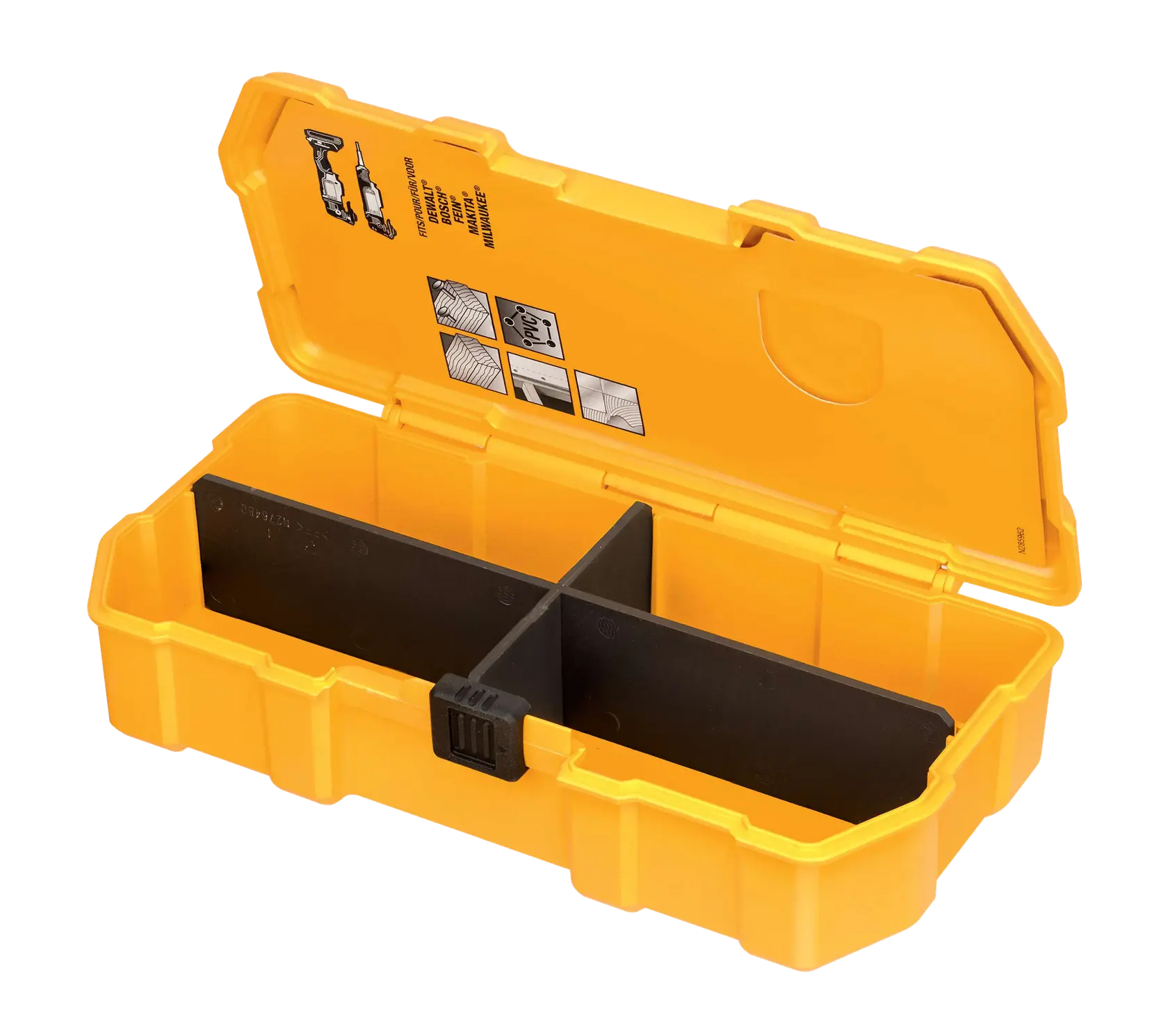 A yellow DEWALT plastic tool storage box with an open lid, showing internal compartments separated by black dividers. The inside of the lid features some printed instructions and illustrations.