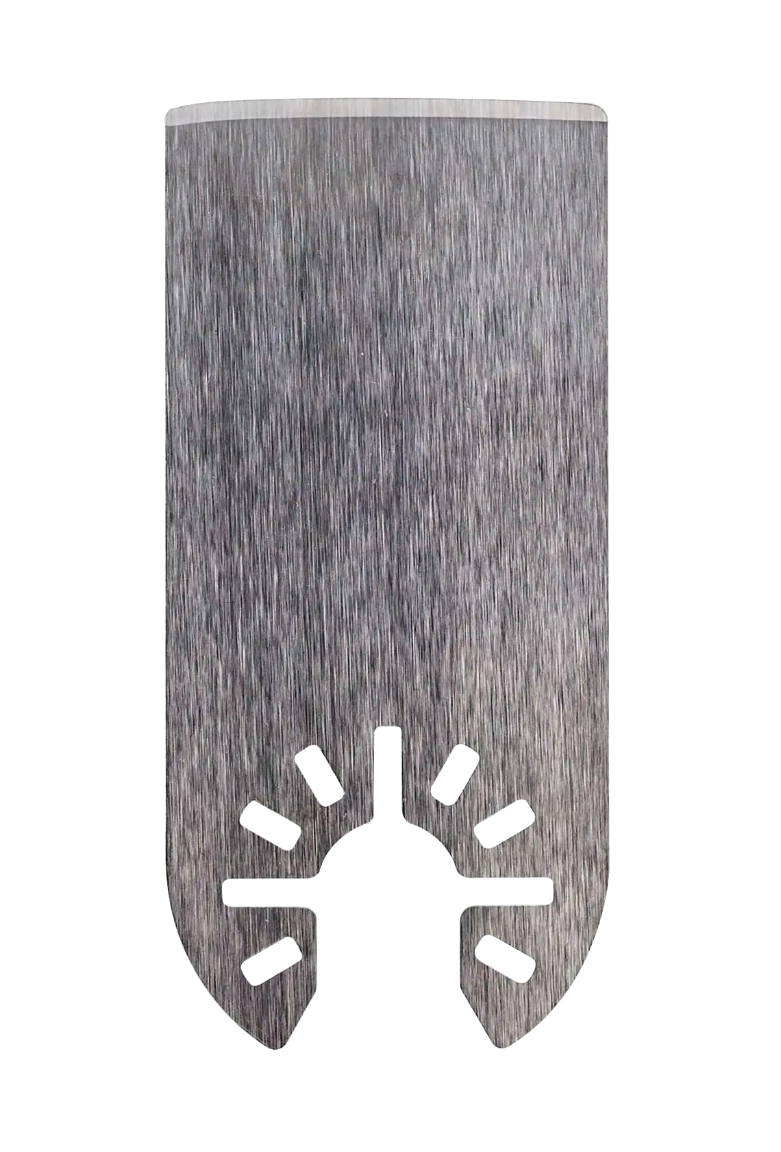 A rectangular, metallic oscillating tool blade with a flat top and rounded bottom, featuring several cut-out slots near the base for attachment.