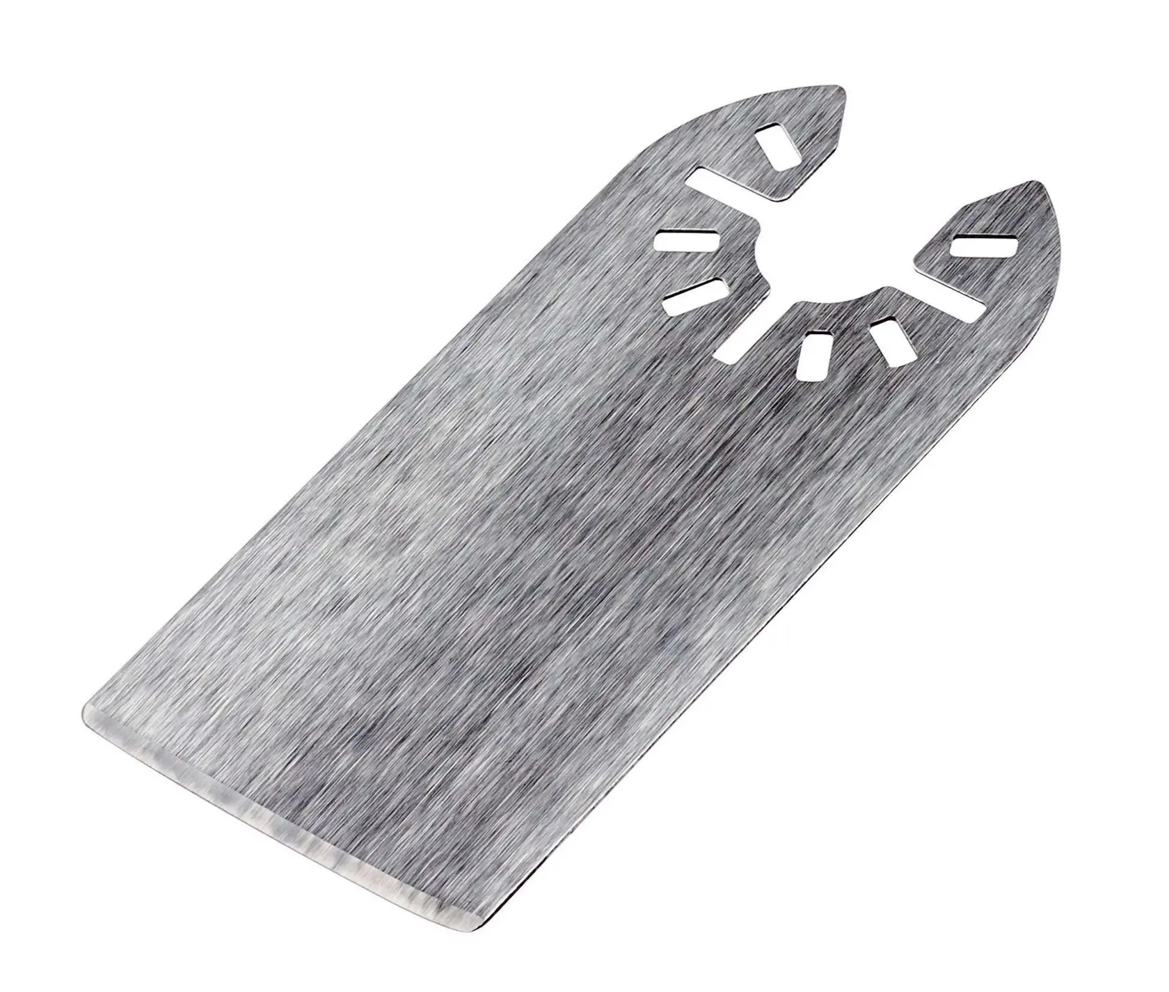A close-up image of a DEWALT DT20716 metal scraper blade accessory for multi-tools, featuring a flat rectangular shape and slotted mounting end.