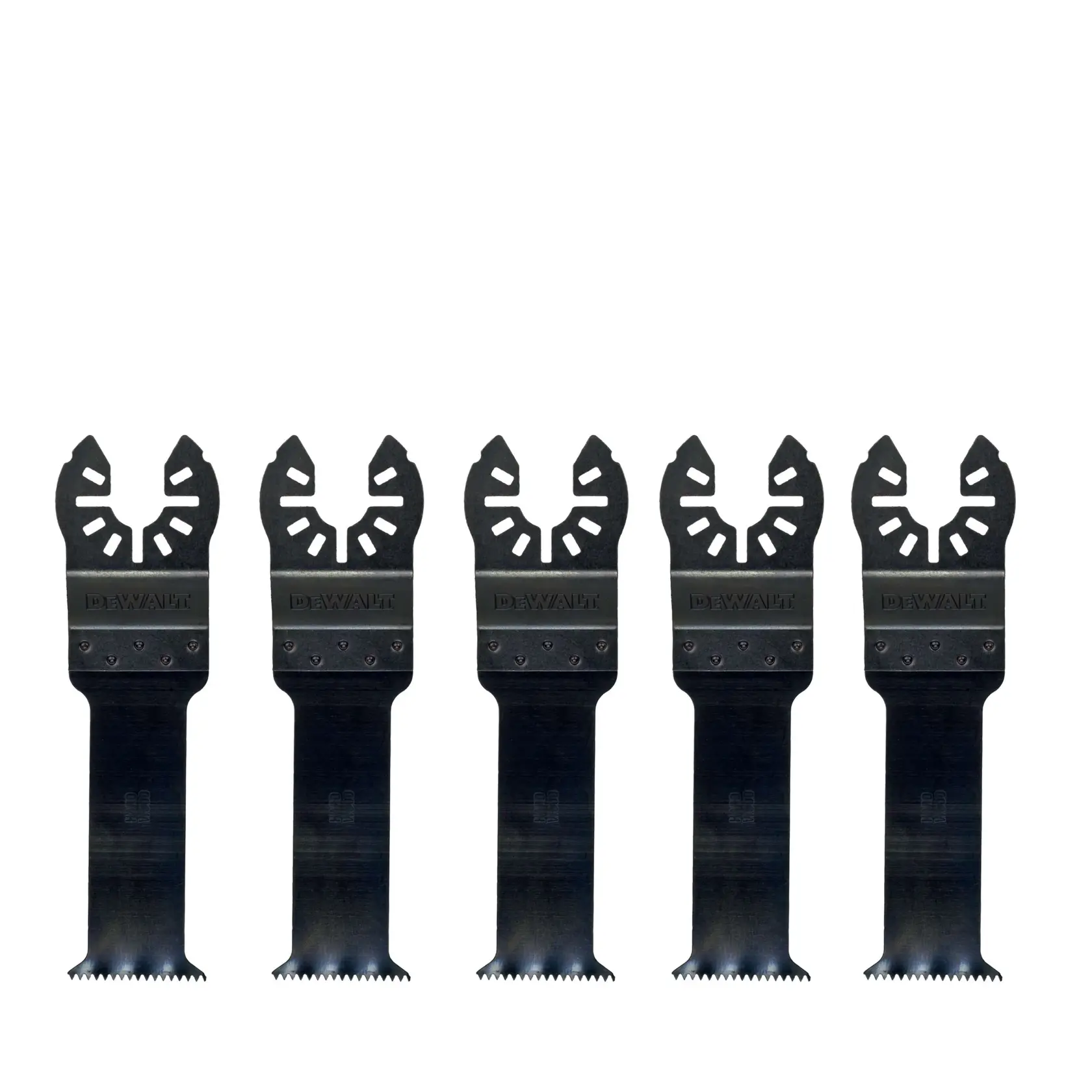 Five DEWALT DT20724 black oscillating tool blades are lined up side by side, each with a toothed cutting edge.