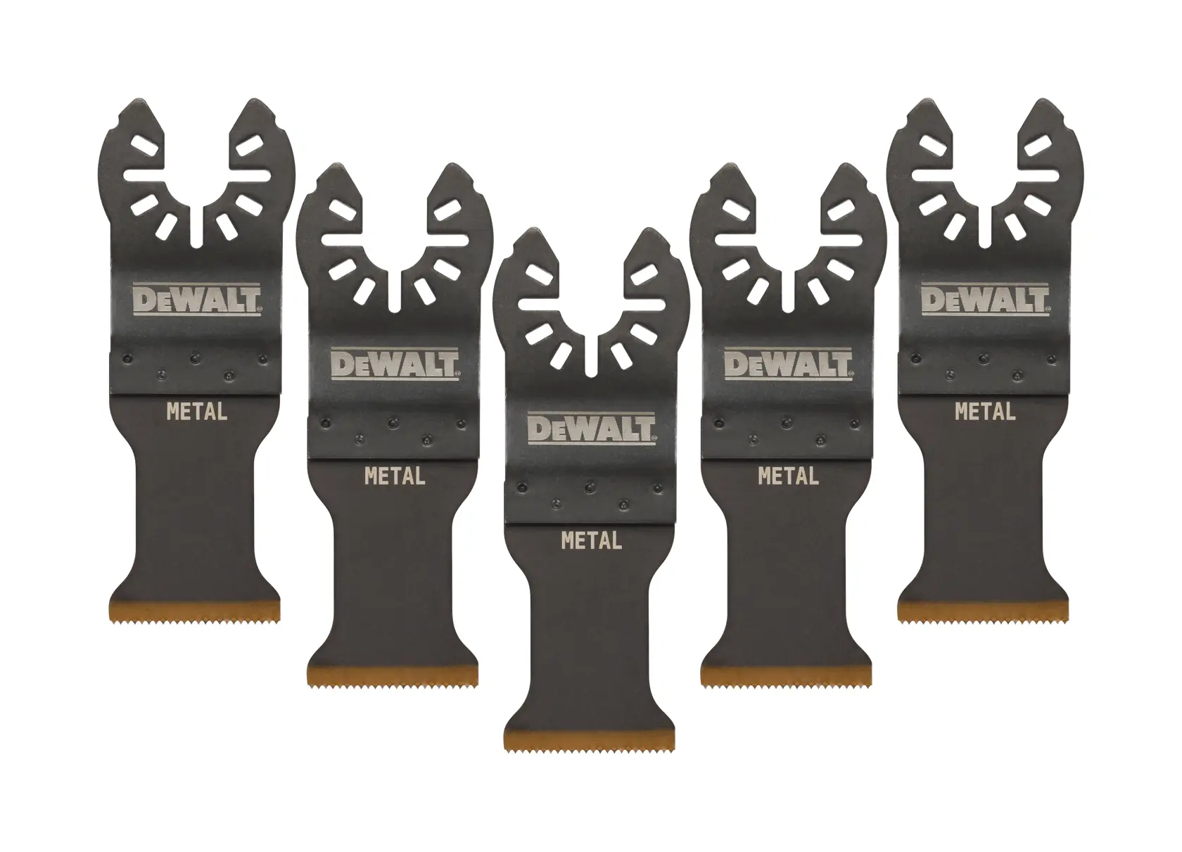 Five DEWALT DT20727 oscillating metal cutting blades are arranged in a row on a white background.