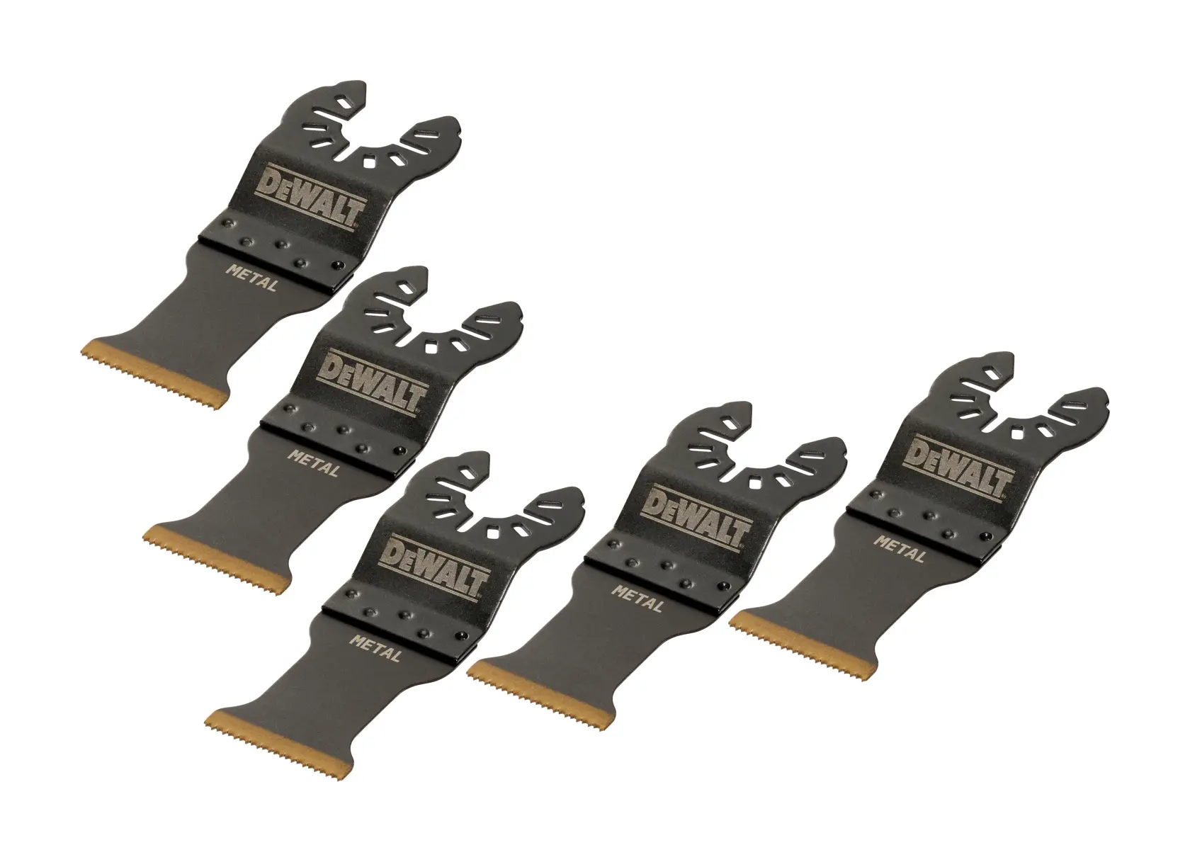 Four DEWALT DT20727 metal cutting blades for oscillating multi-tools, arranged diagonally on a white background.