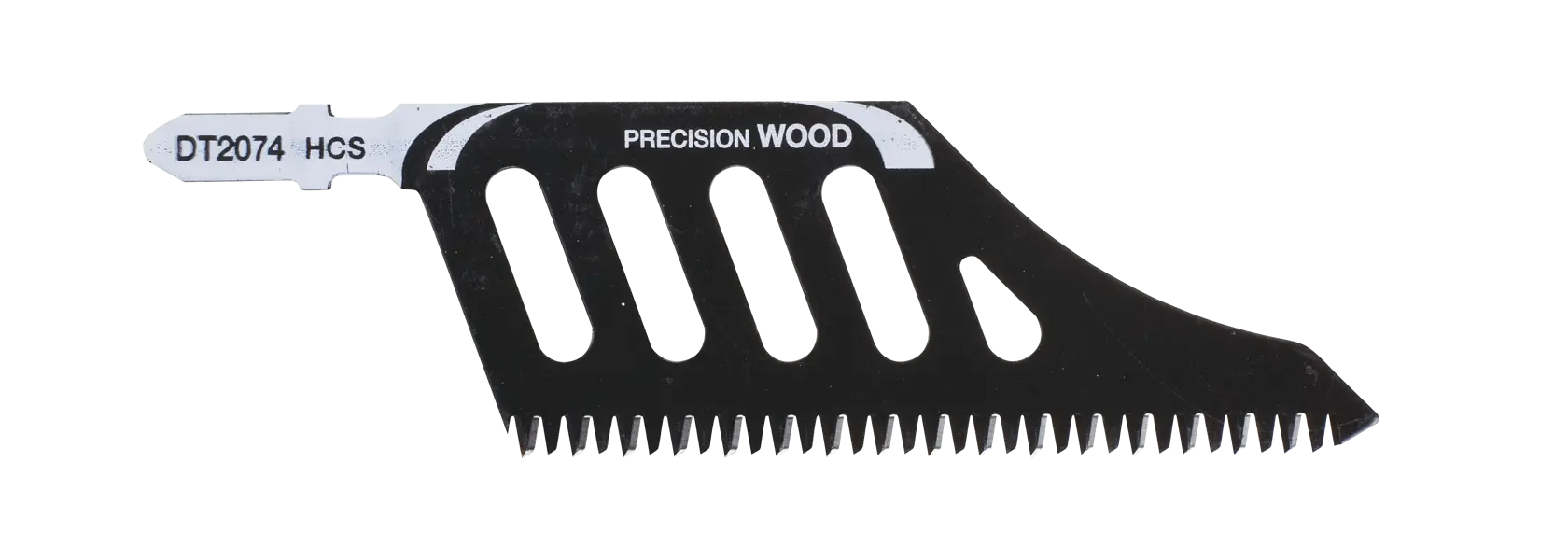 DEWALT DT2074 precision wood saw blade for cutting tasks, black with silver fitting, shown on white background.
