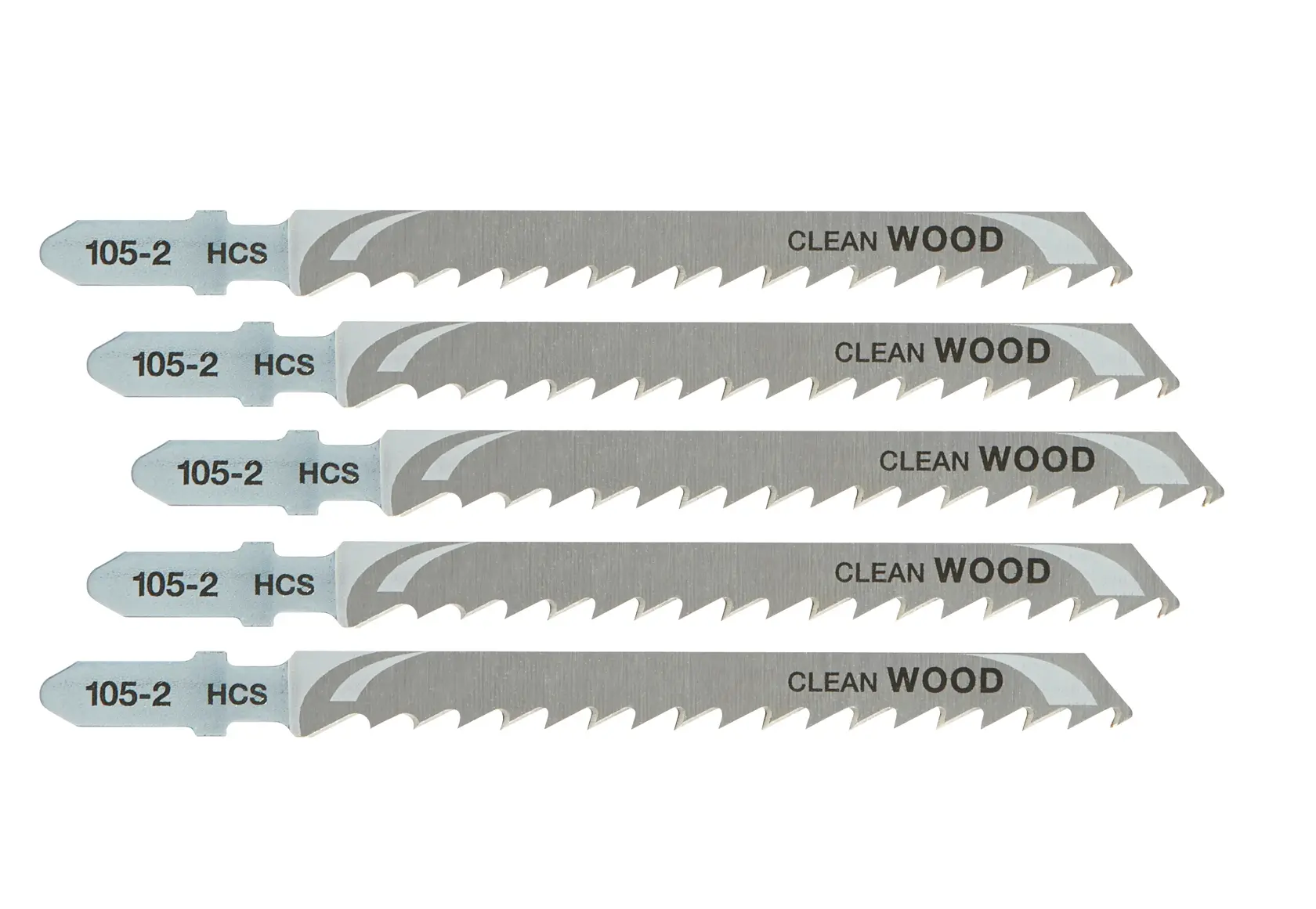Set of five DEWALT DT2075 jigsaw blades for clean wood cutting, silver color, labeled HCS 105-2.