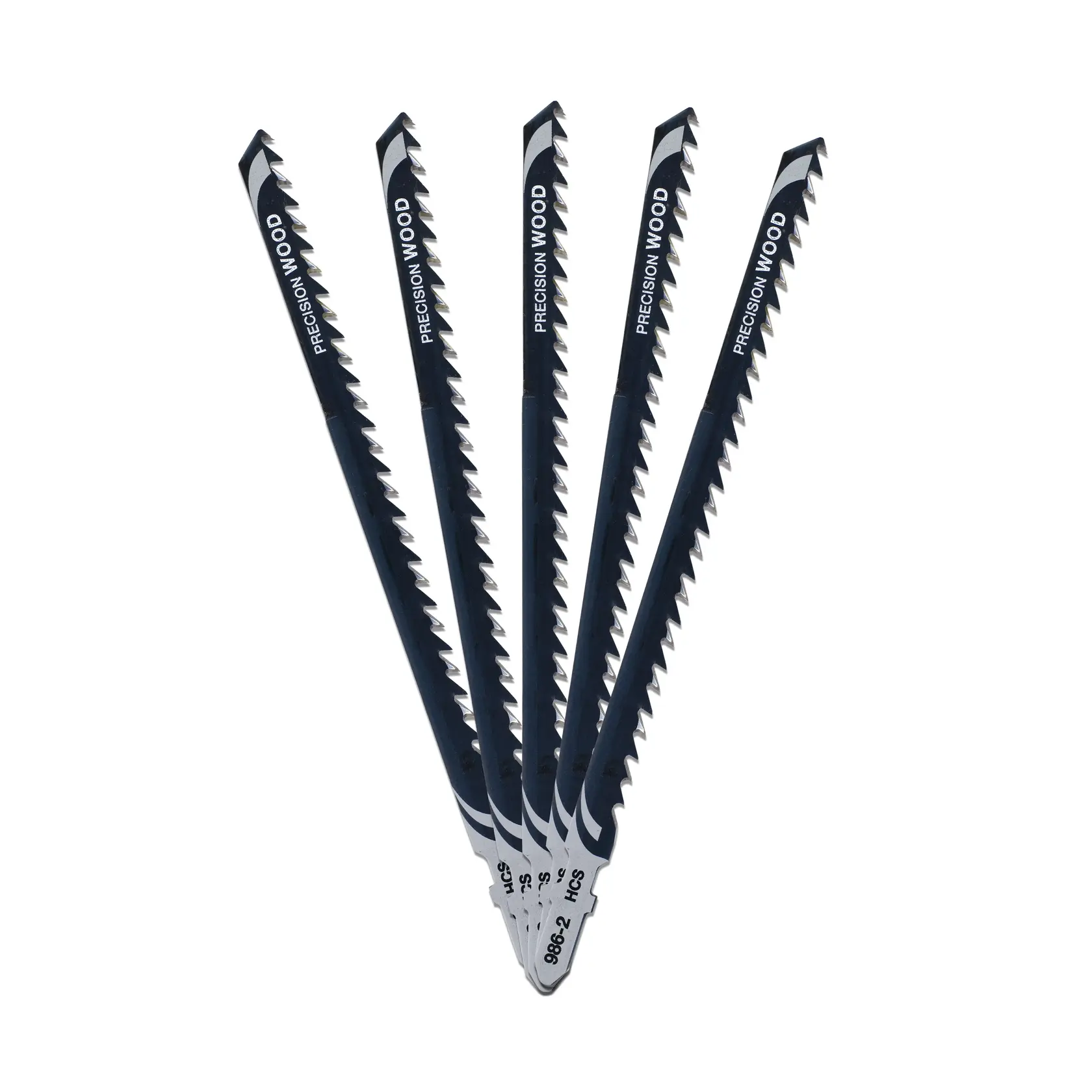 Set of five DEWALT jigsaw blades designed for precision wood cutting, displayed in a fan shape.