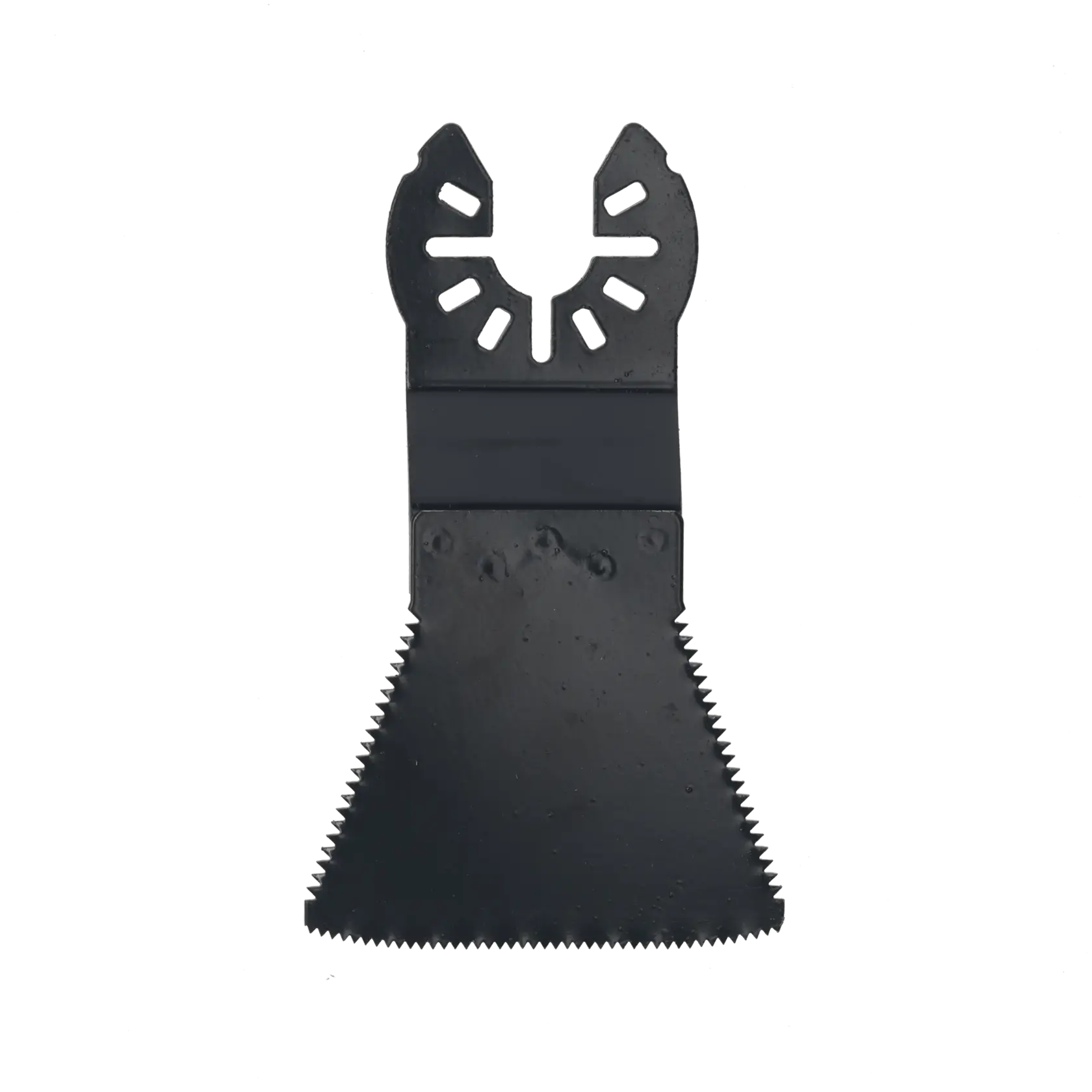 Black DEWALT triangular oscillating saw blade attachment for cutting, shown against a white background.