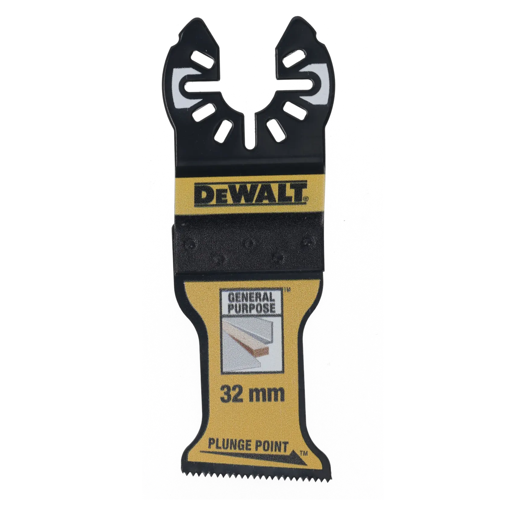 DEWALT 32mm plunge point saw blade for general purpose cutting. Black and yellow tool with toothed edge.