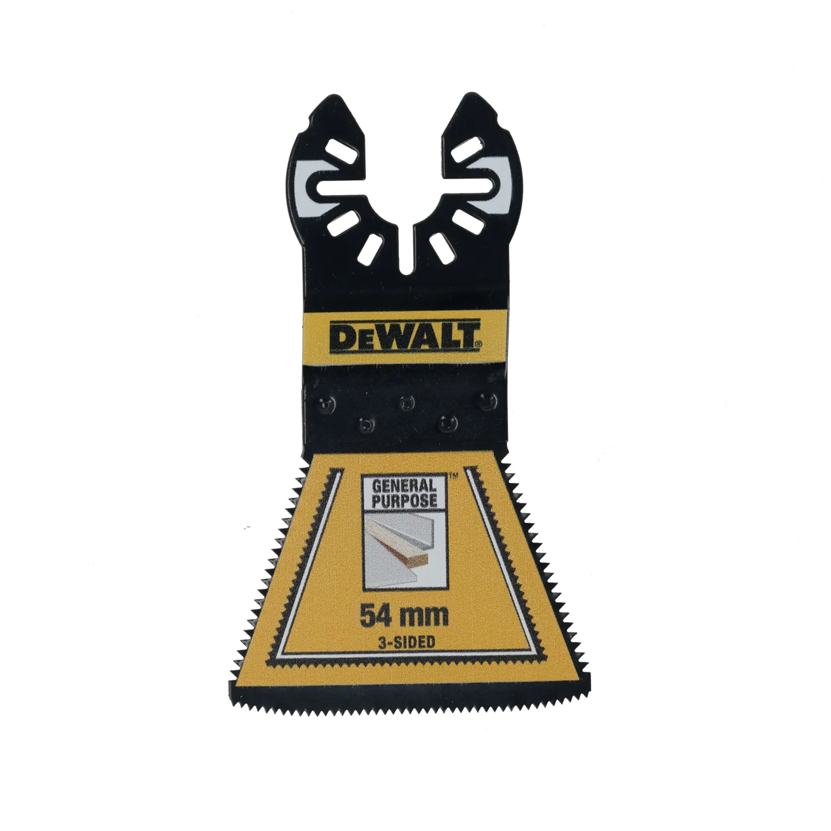 DEWALT 54 mm three-sided general purpose saw blade for multi-tool, black and yellow.