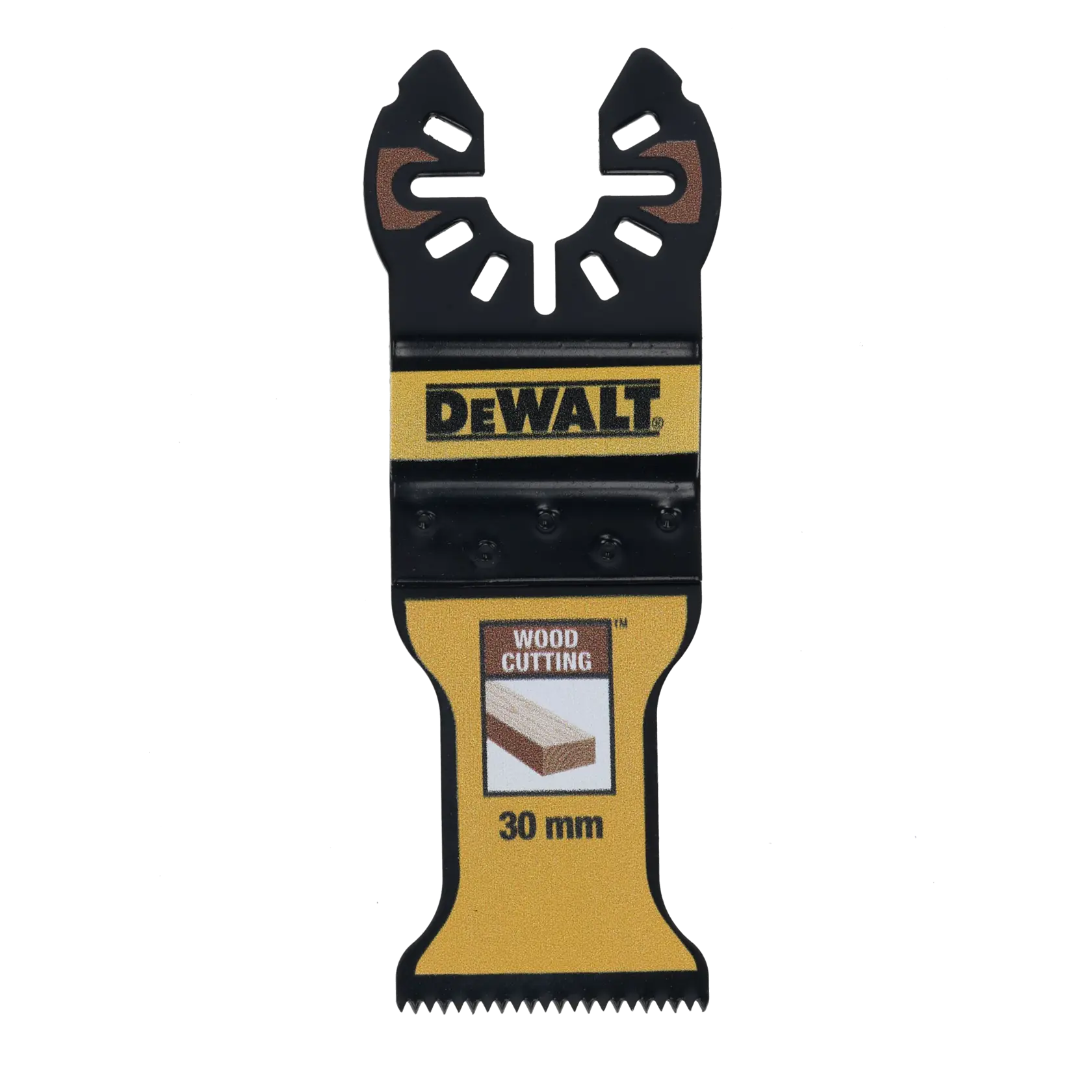 DEWALT wood cutting blade, 30 mm, black and yellow with label showing intended use for wood.