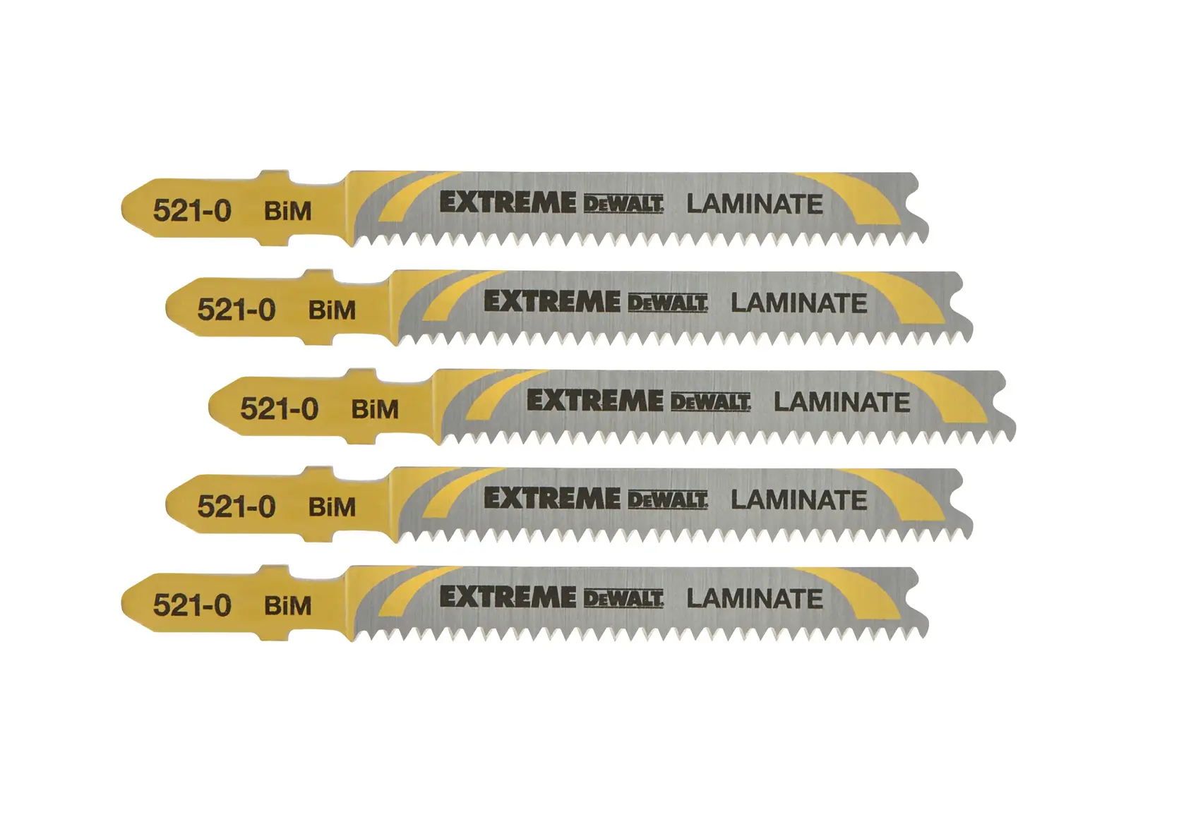 Five DEWALT DT2080 jigsaw blades for laminate, yellow and silver, arranged side by side on a white background.