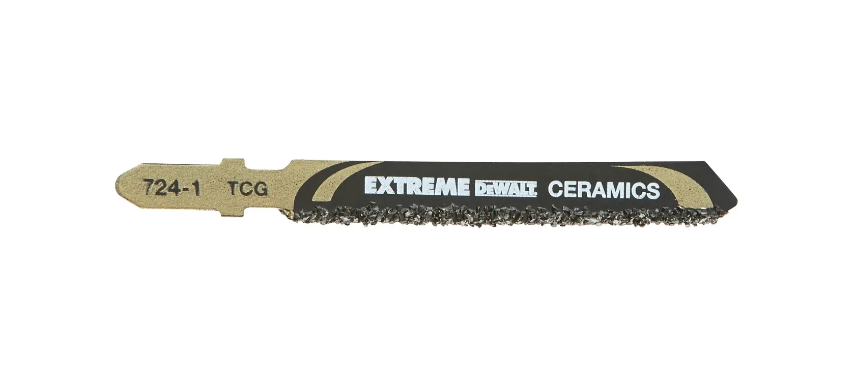 DEWALT DT2102 Extreme Ceramics jigsaw blade for cutting tiles. Black and gold blade with grit edge.