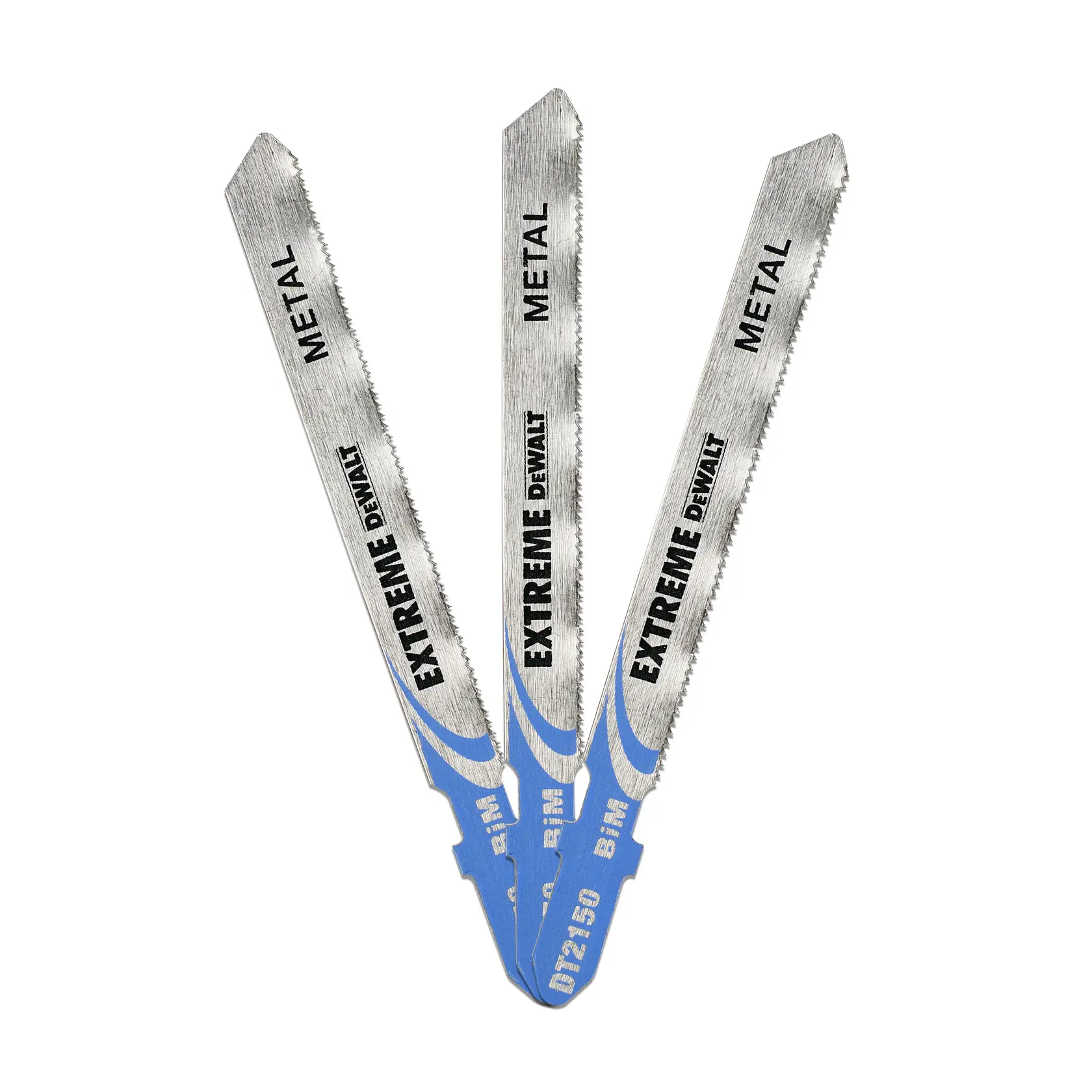 Three DEWALT DT2150 Extreme metal jigsaw blades with blue bases, arranged in a fan shape.