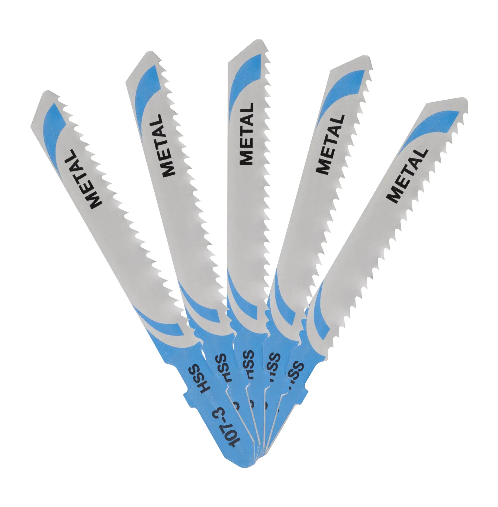 Five DEWALT DT2161 jigsaw blades for metal cutting, arranged in a fan shape with blue and silver colors.