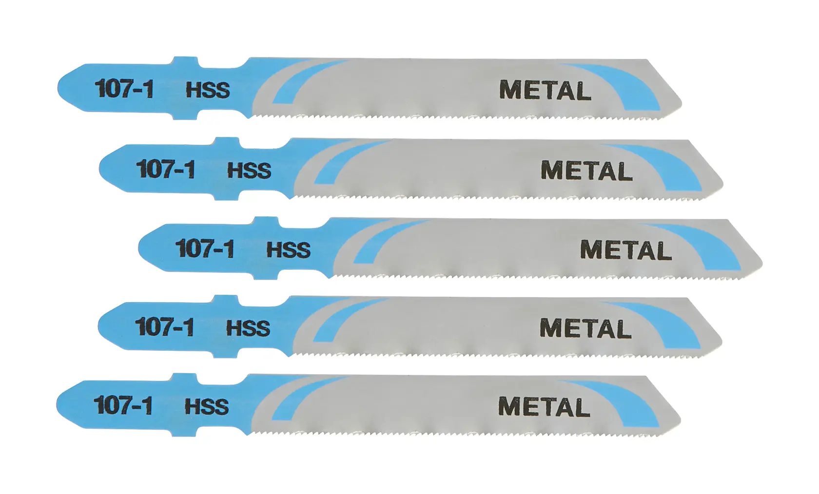 Five DEWALT metal jigsaw blades, silver and blue, labeled HSS 107-1 METAL, stacked horizontally.