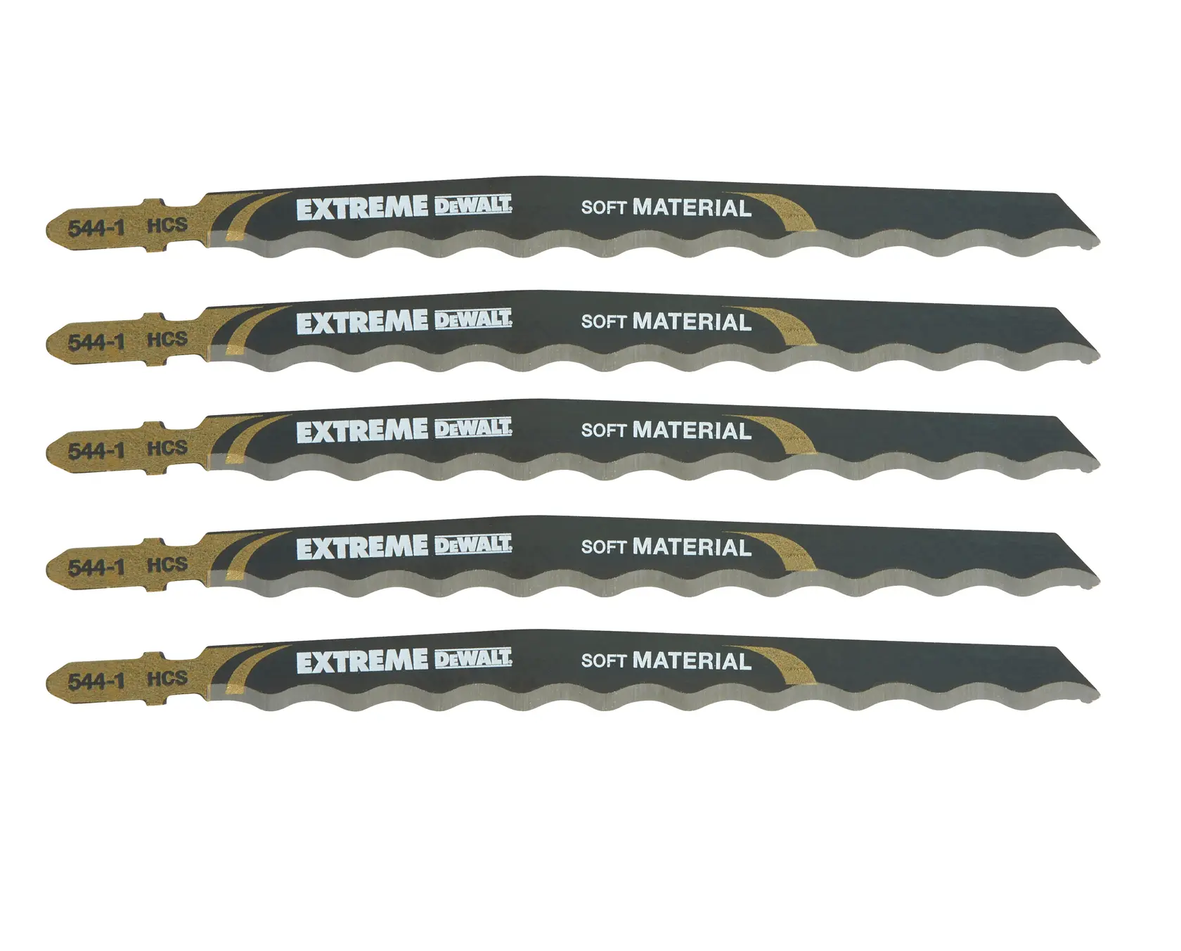Five DEWALT Extreme jigsaw blades for soft material, model 544-1 HCS, arranged in parallel on a white background.