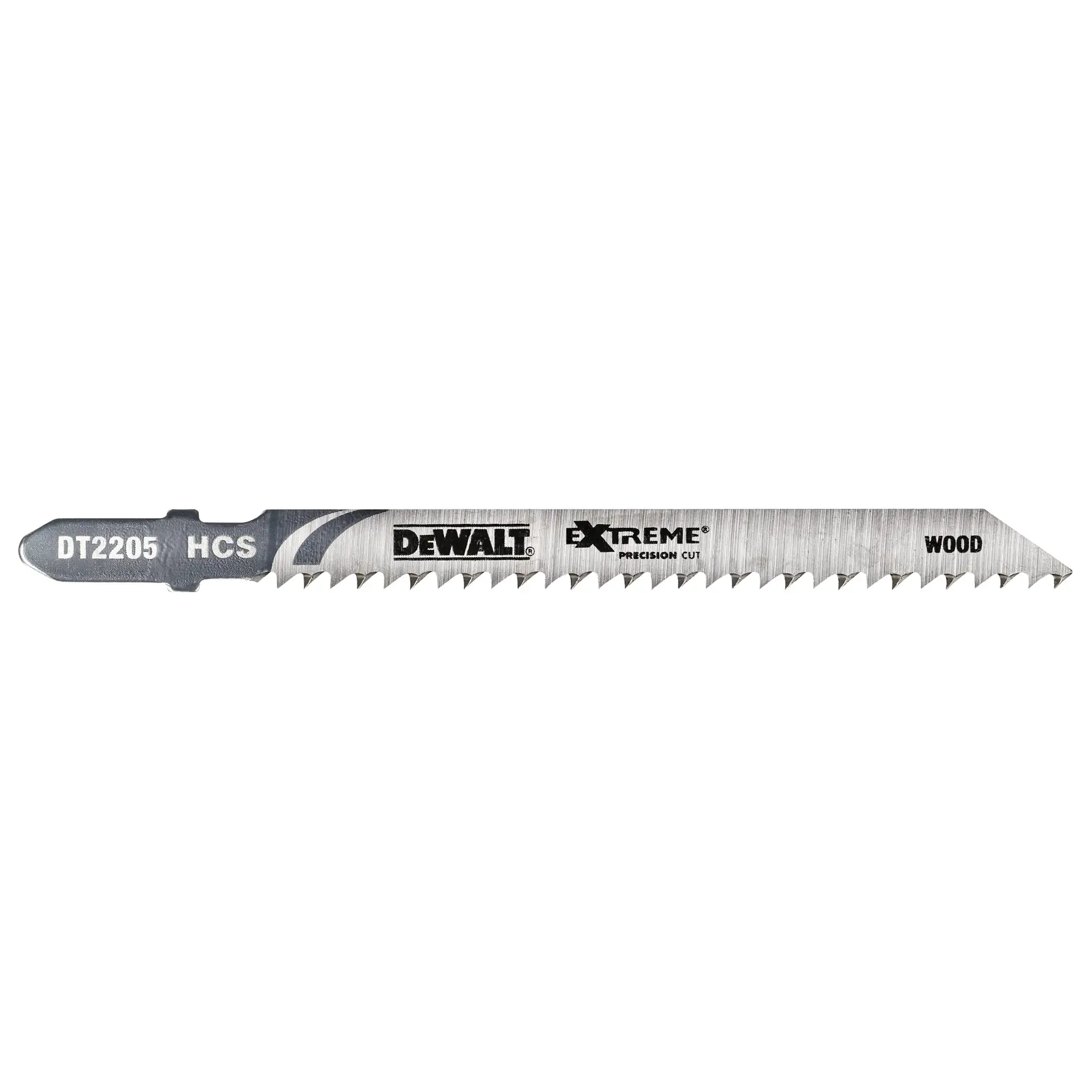 DEWALT DT2205 jigsaw blade for wood, metal finish, labeled Extreme Precision Cut, HCS material.