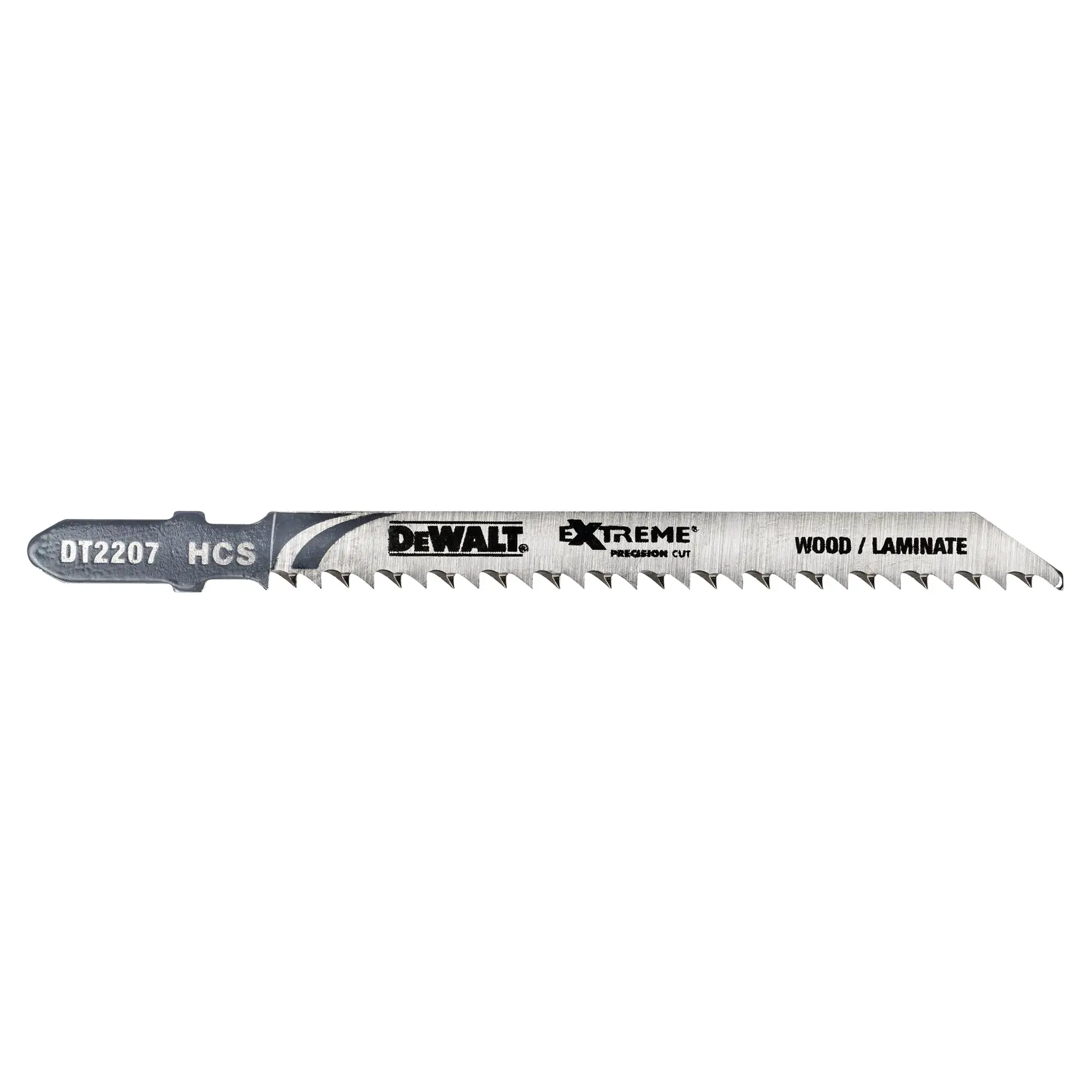 DEWALT DT2207 jigsaw blade for wood and laminate, metal finish with sharp teeth and product branding.
