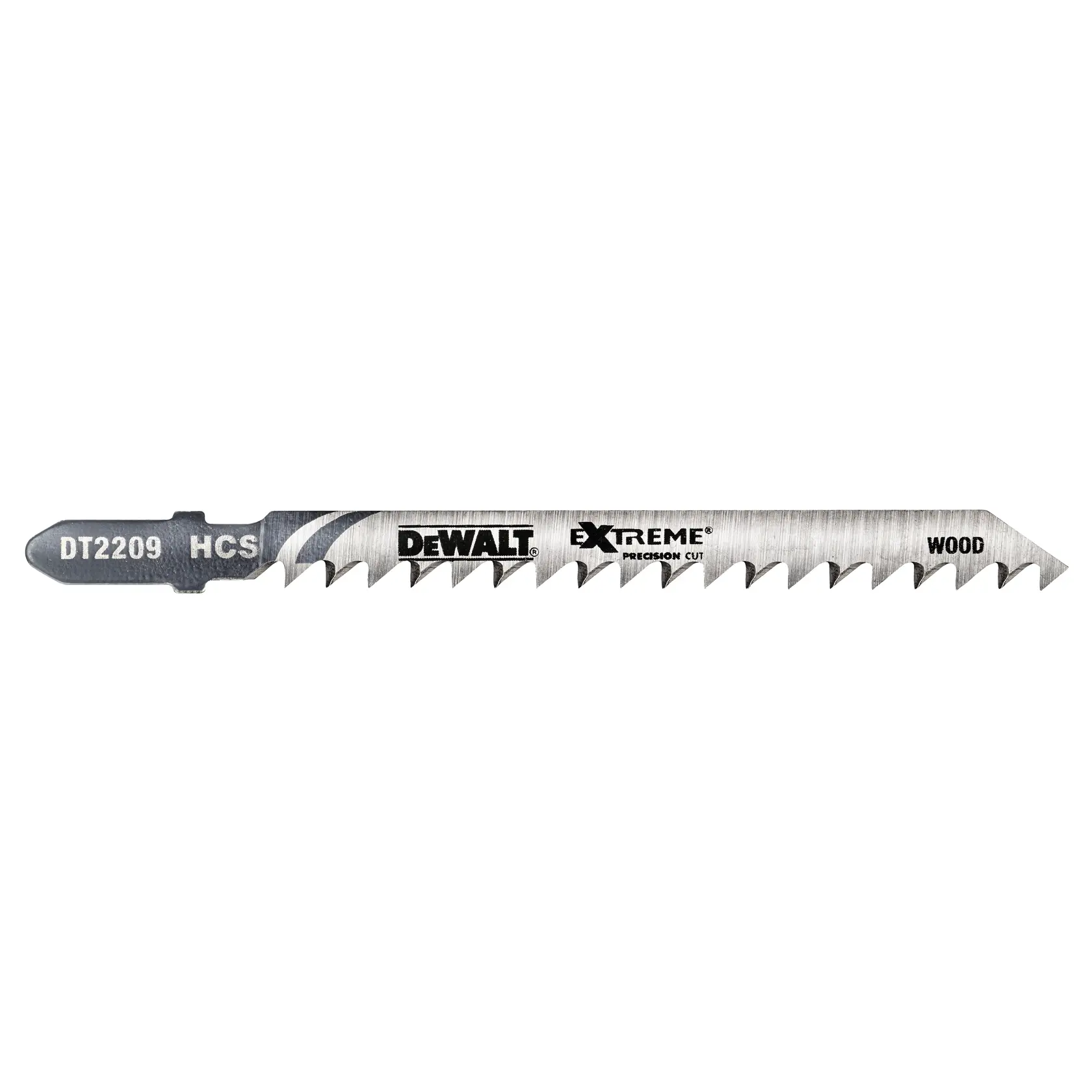 DEWALT DT2209 jigsaw blade for wood, silver color, marked Extreme Precision Cut.