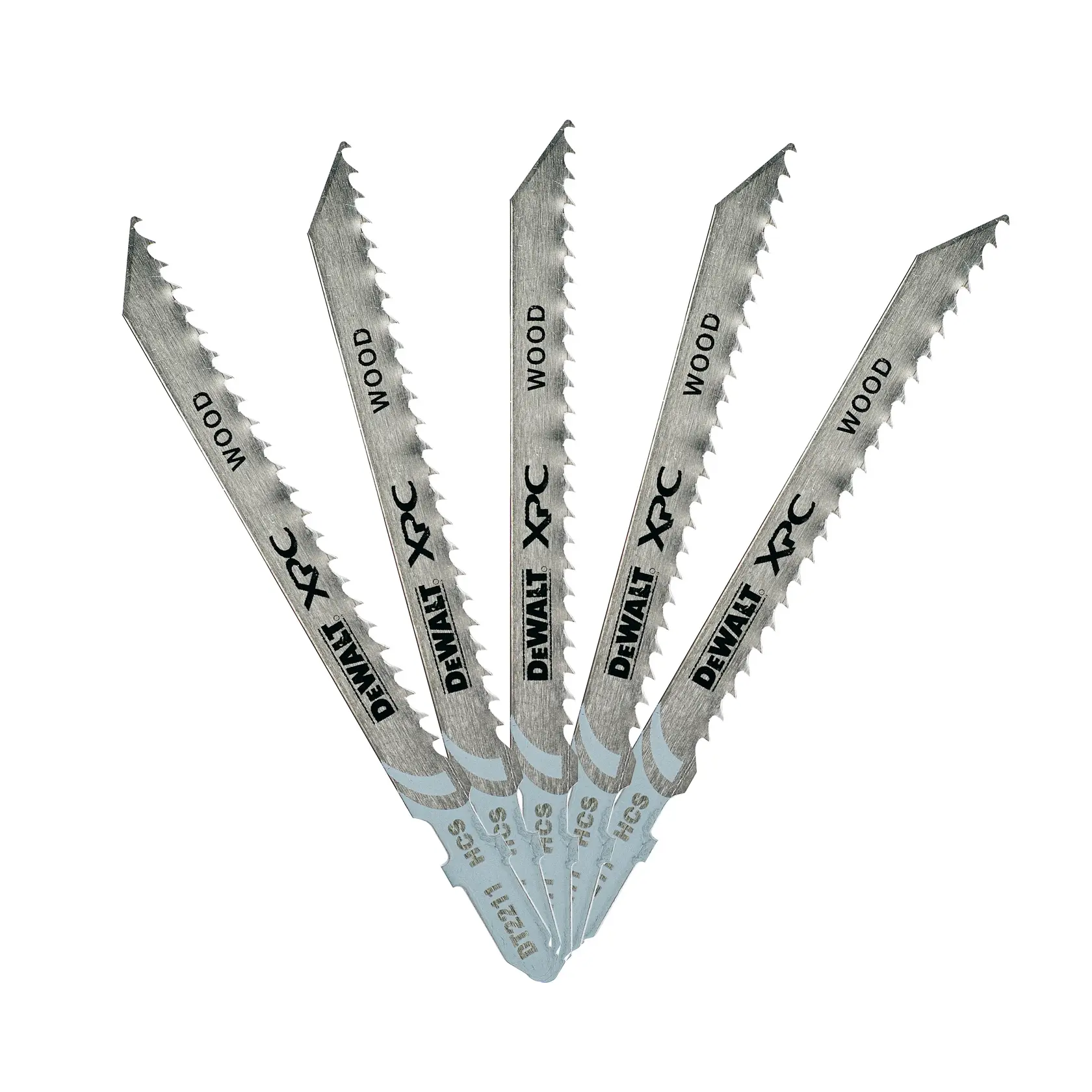 Five DEWALT XPC jigsaw blades for wood, arranged in a fan shape, silver color.