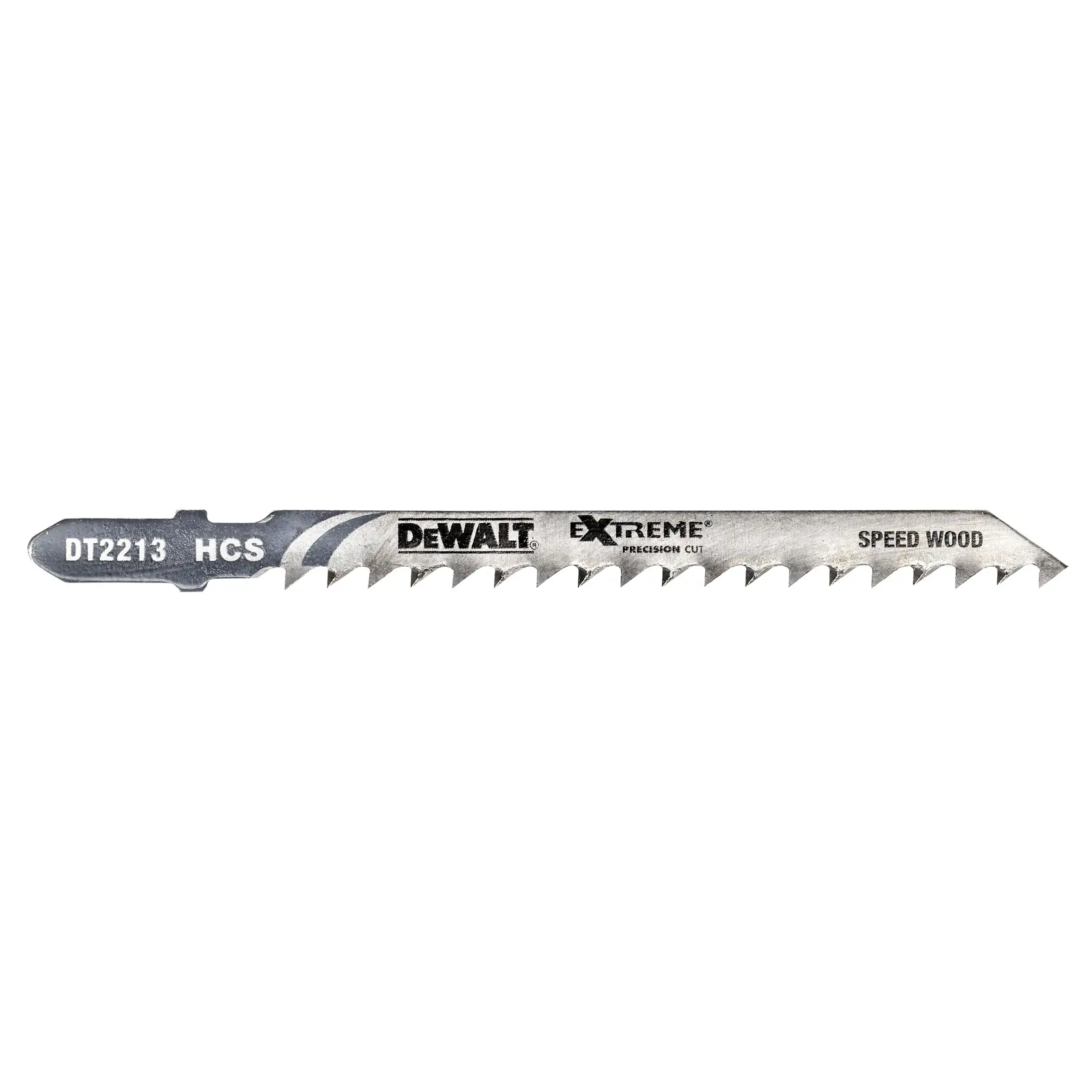 DEWALT DT2213 jigsaw blade for wood cutting, extreme series, metal, labeled with product details.