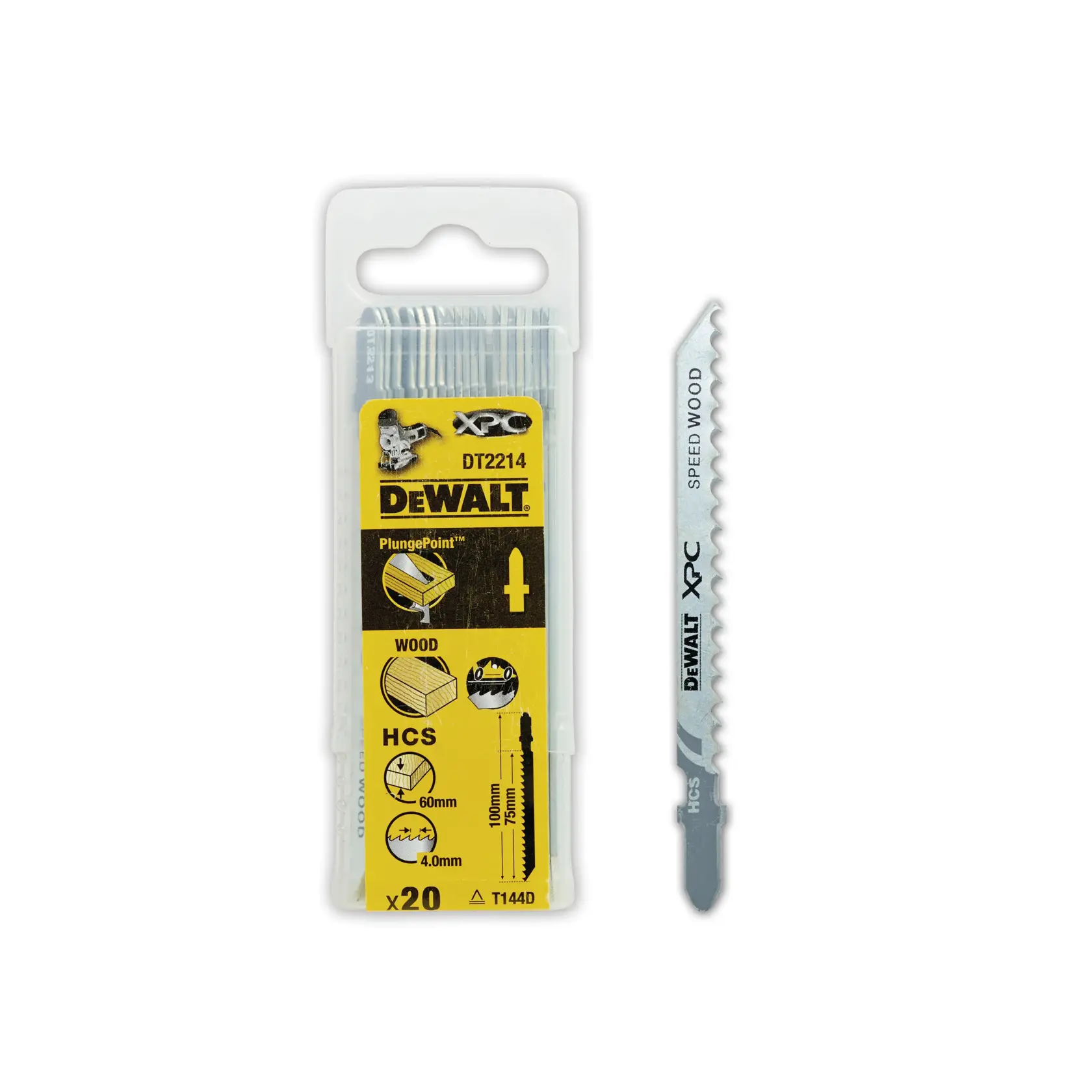 DEWALT DT2214 XPC jigsaw blade set for wood in yellow packaging, one blade shown next to the pack.