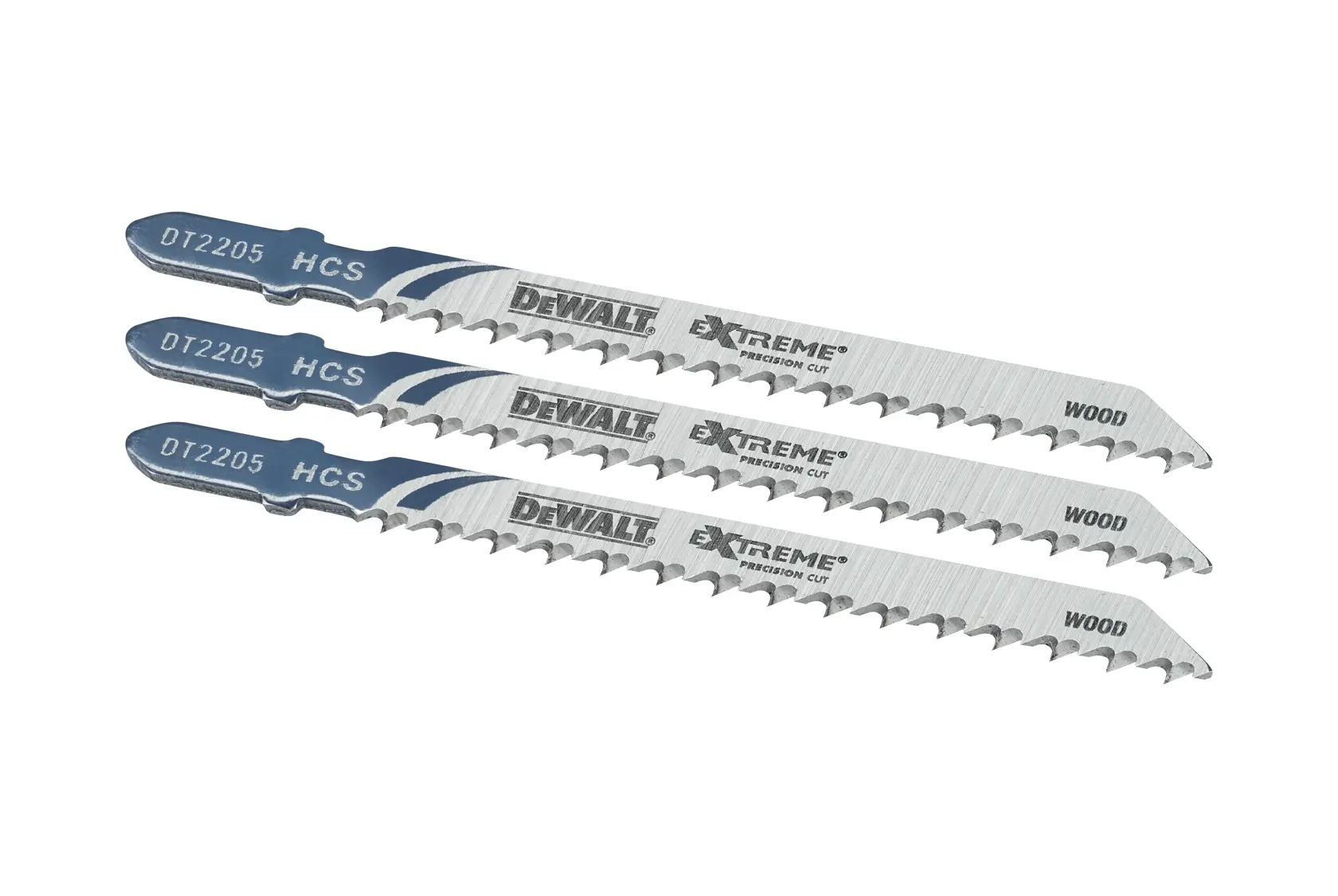 Three DEWALT DT2205 jigsaw blades for wood cutting, labeled HCS and Extreme Precision Cut.