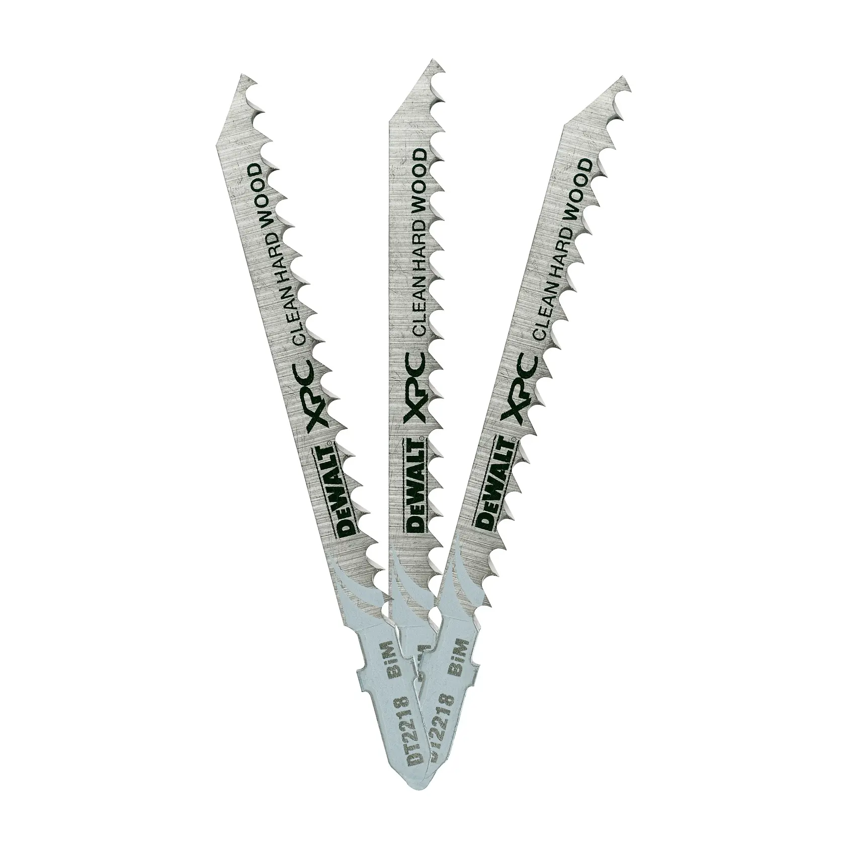 Three DEWALT DT2218 jigsaw blades for clean hard wood cuts, shown fanned out on a white background.