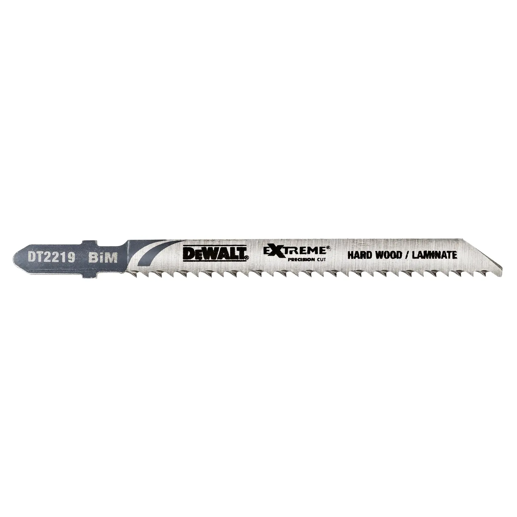 DEWALT DT2219 jigsaw blade for hard wood and laminate with sharp teeth and precision cut label.