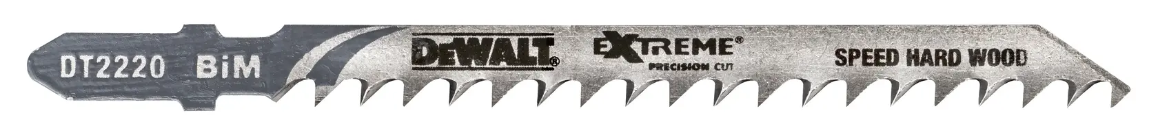 DEWALT DT2220 jigsaw blade for speed cutting in hard wood, labeled BiM Extreme Precision Cut.
