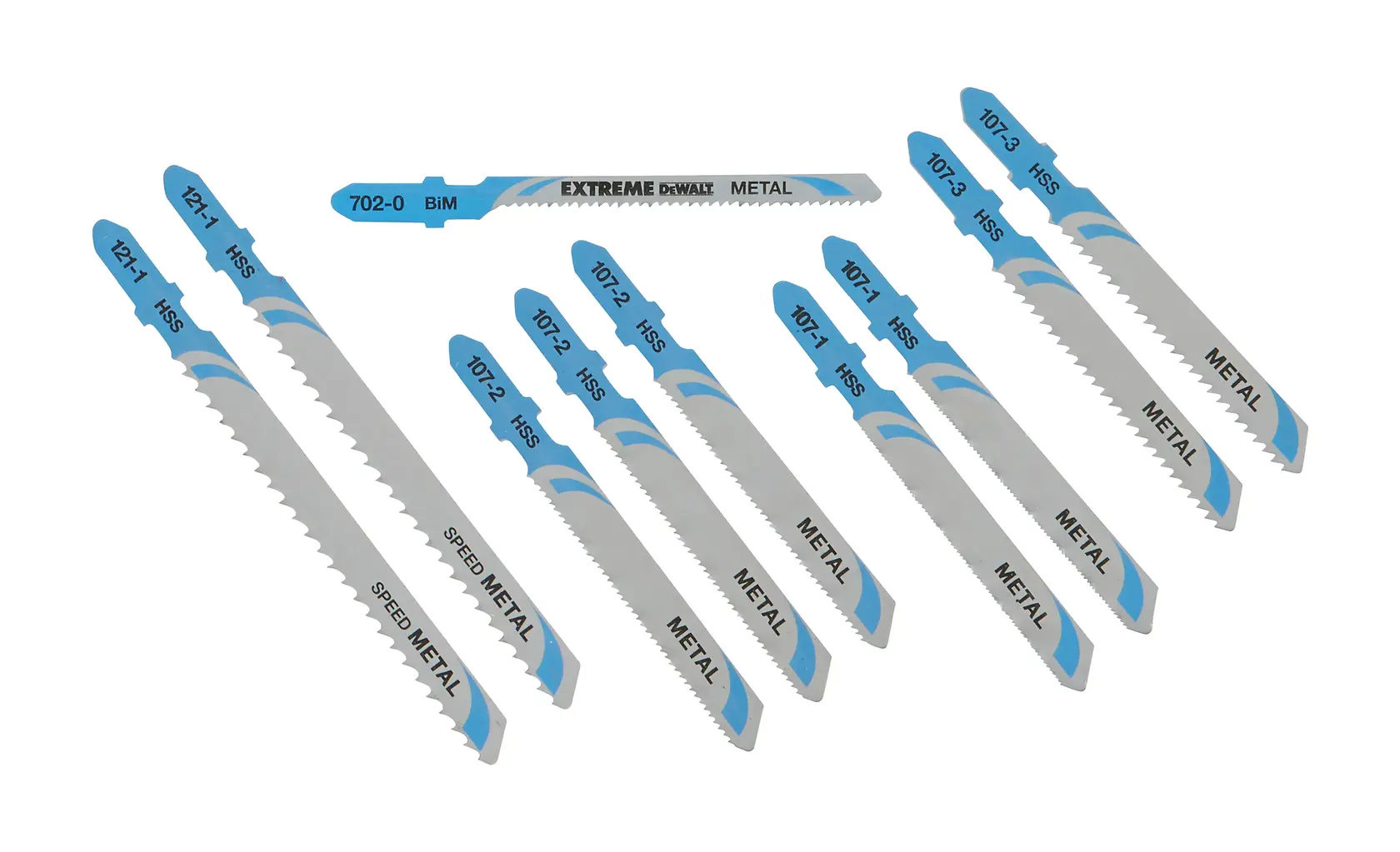 Set of DEWALT DT2292 metal jigsaw blades with blue tips, arranged in a row on a white background.