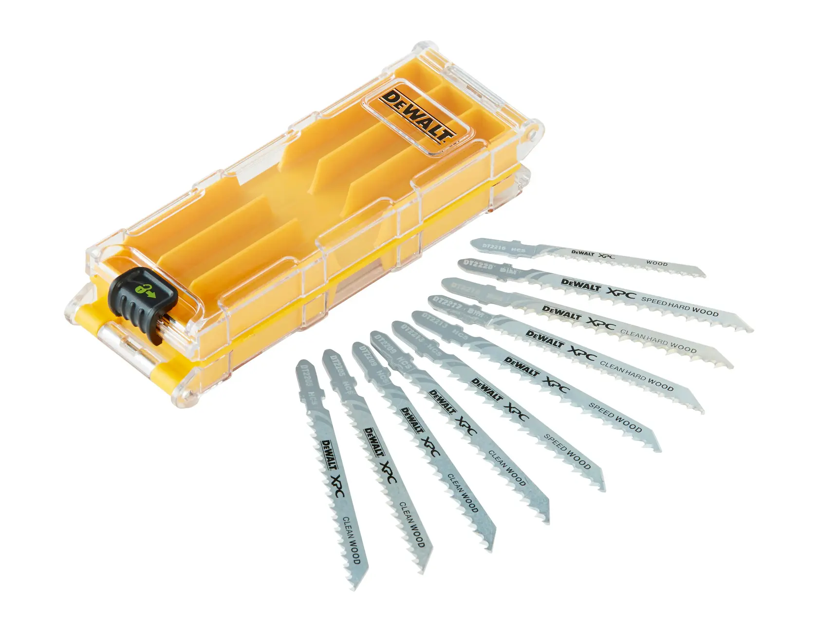 DEWALT jigsaw blade set with yellow storage case and ten assorted metal blades displayed in front.