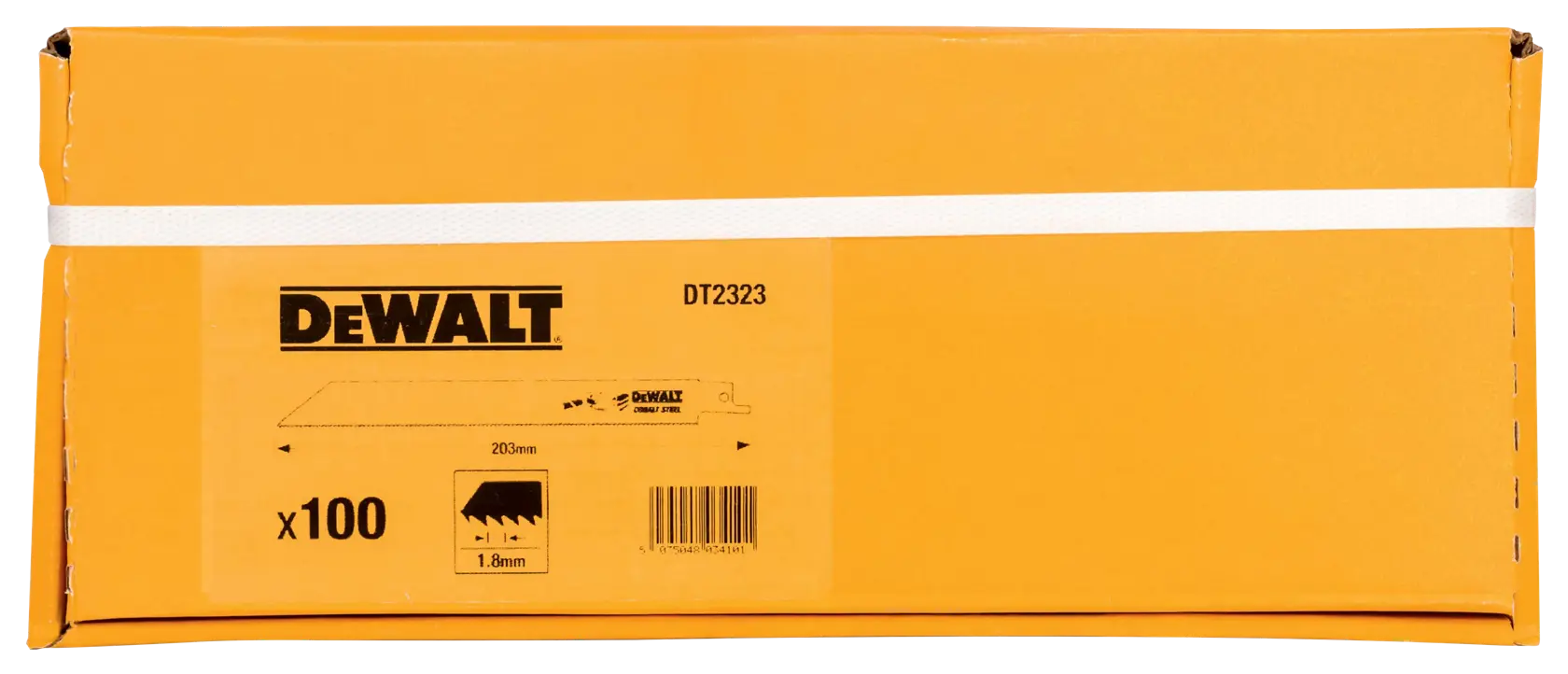 DEWALT DT2320 yellow box with 100 reciprocating saw blades, one blade shown in front.