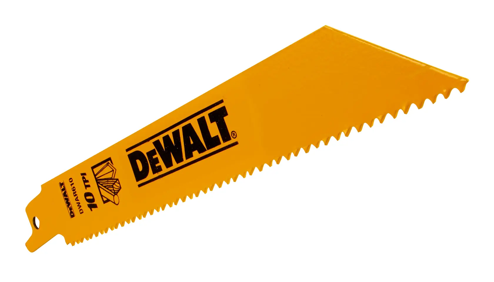 DEWALT DT2345 yellow saw blade with jagged teeth, used for cutting, shown on white background.
