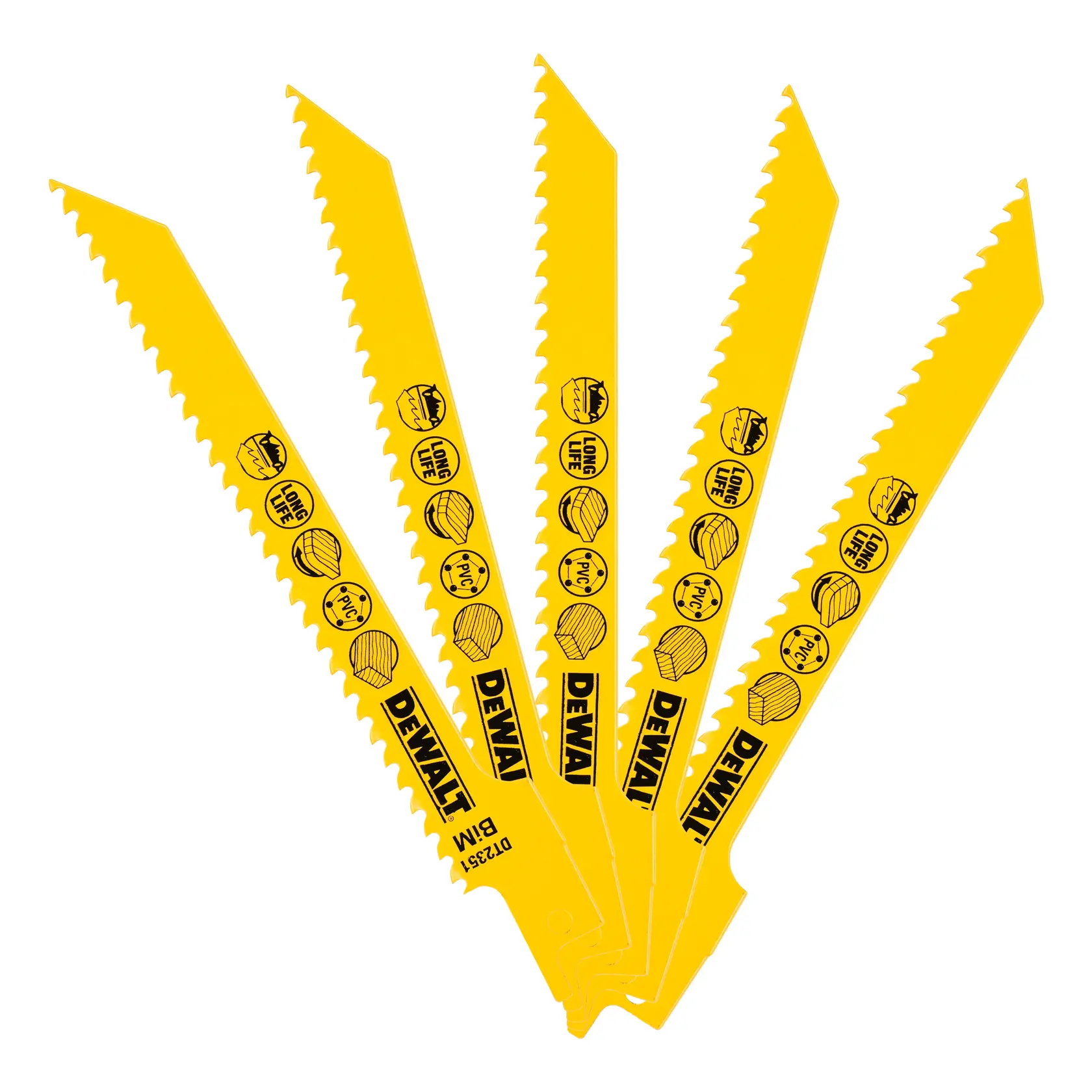 Five yellow DEWALT DT2351 saw blades fanned out, each with black text and symbols for material compatibility.