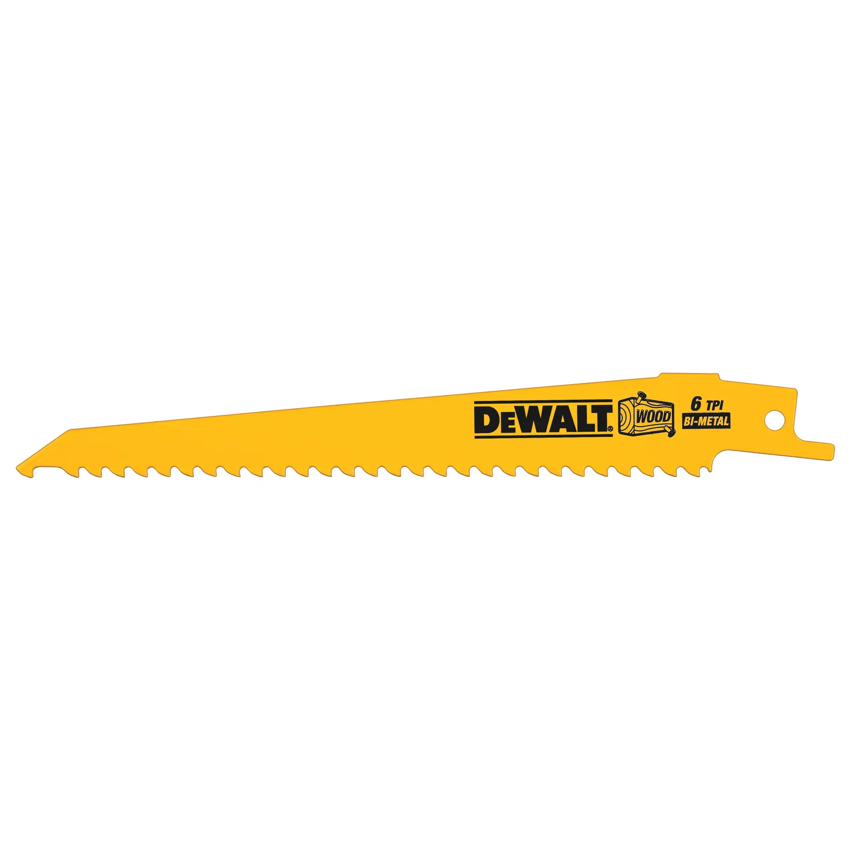 Yellow DEWALT bi-metal reciprocating saw blade for wood, featuring 6 TPI.