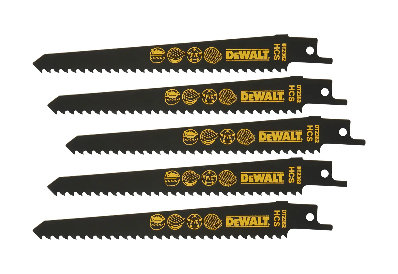 Five DEWALT DT2362 reciprocating saw blades for cutting wood and PVC, black with yellow text.