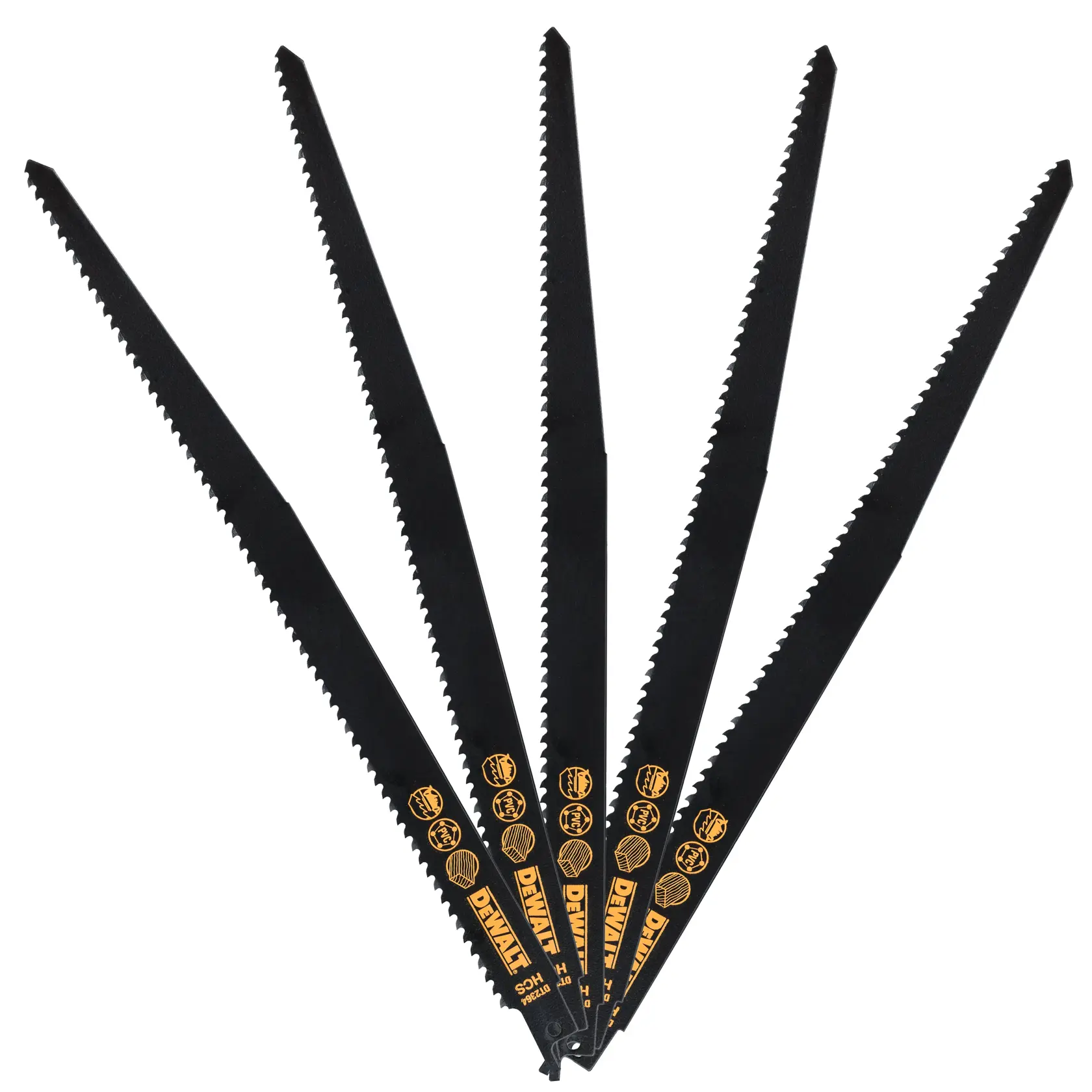 Five black DEWALT reciprocating saw blades spread out, showing sharp teeth and yellow branded labels.