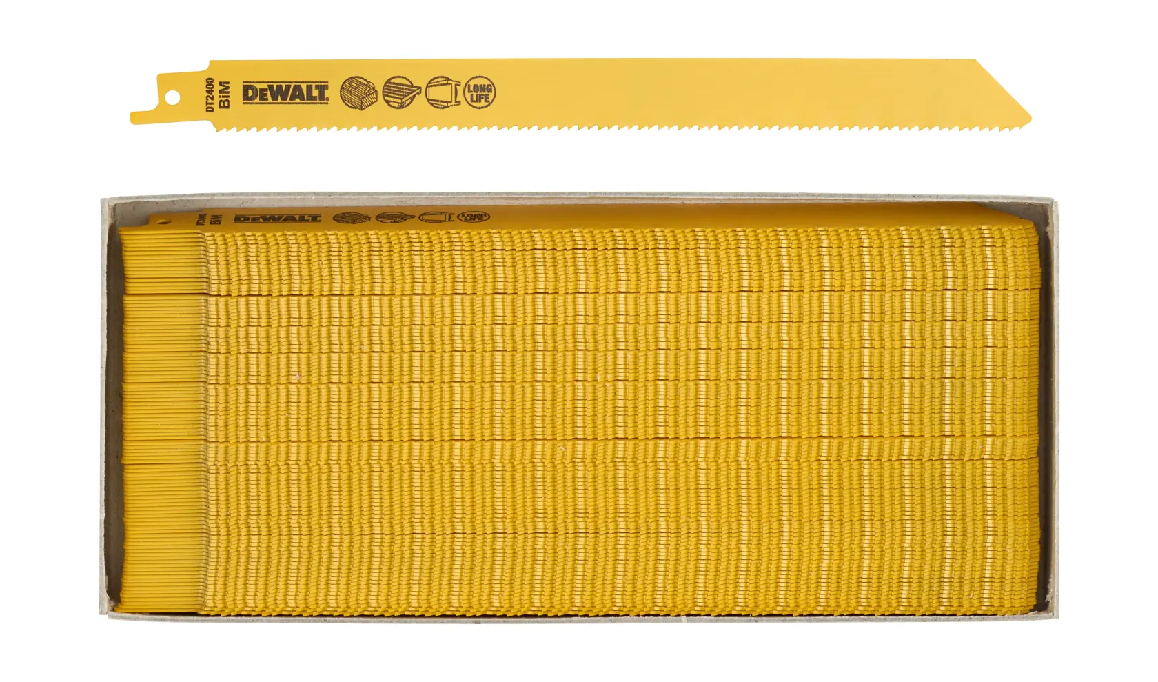 A box containing multiple yellow DEWALT reciprocating saw blades and one blade displayed above the box.
