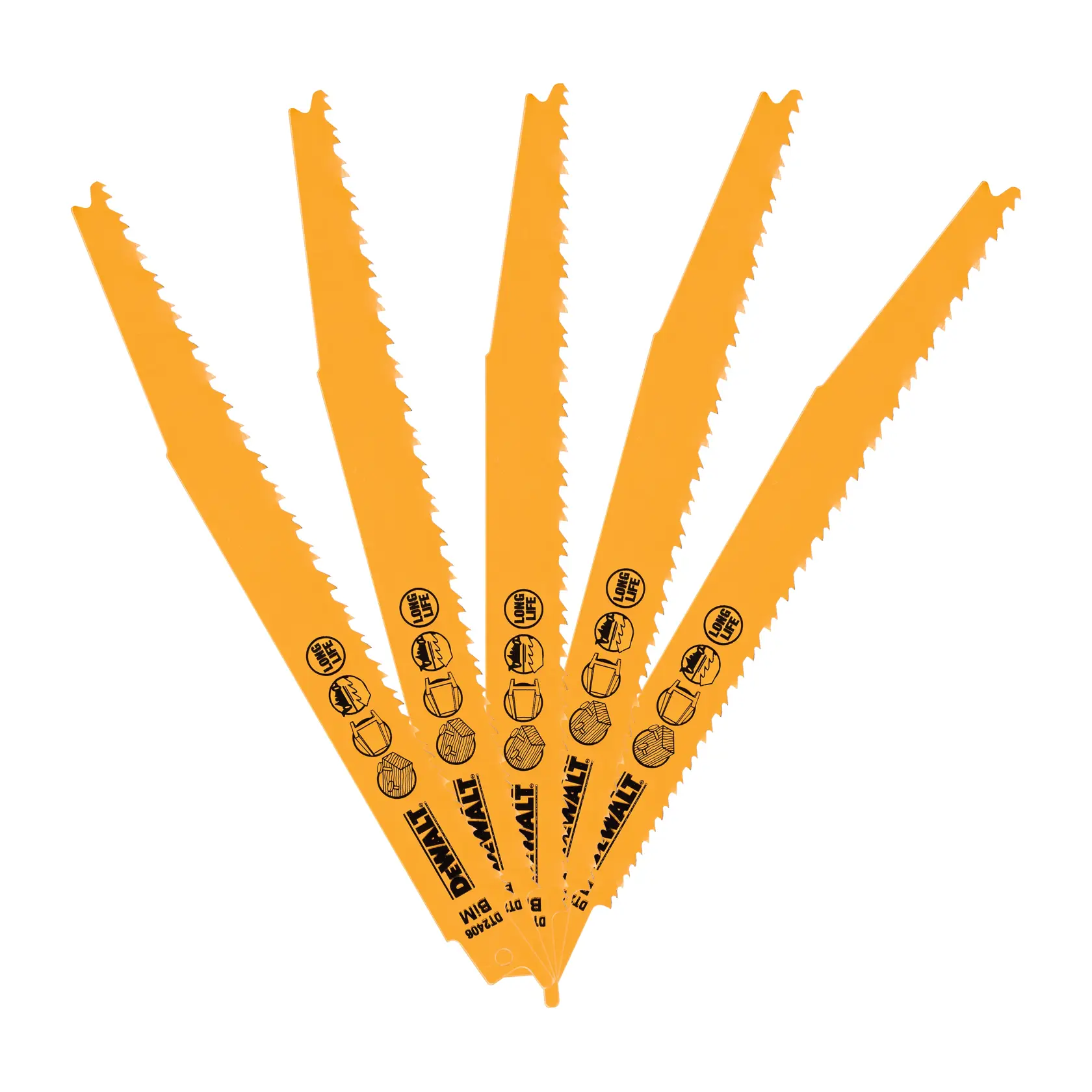 Five DEWALT DT2406 yellow reciprocating saw blades fanned out, suitable for wood cutting applications.