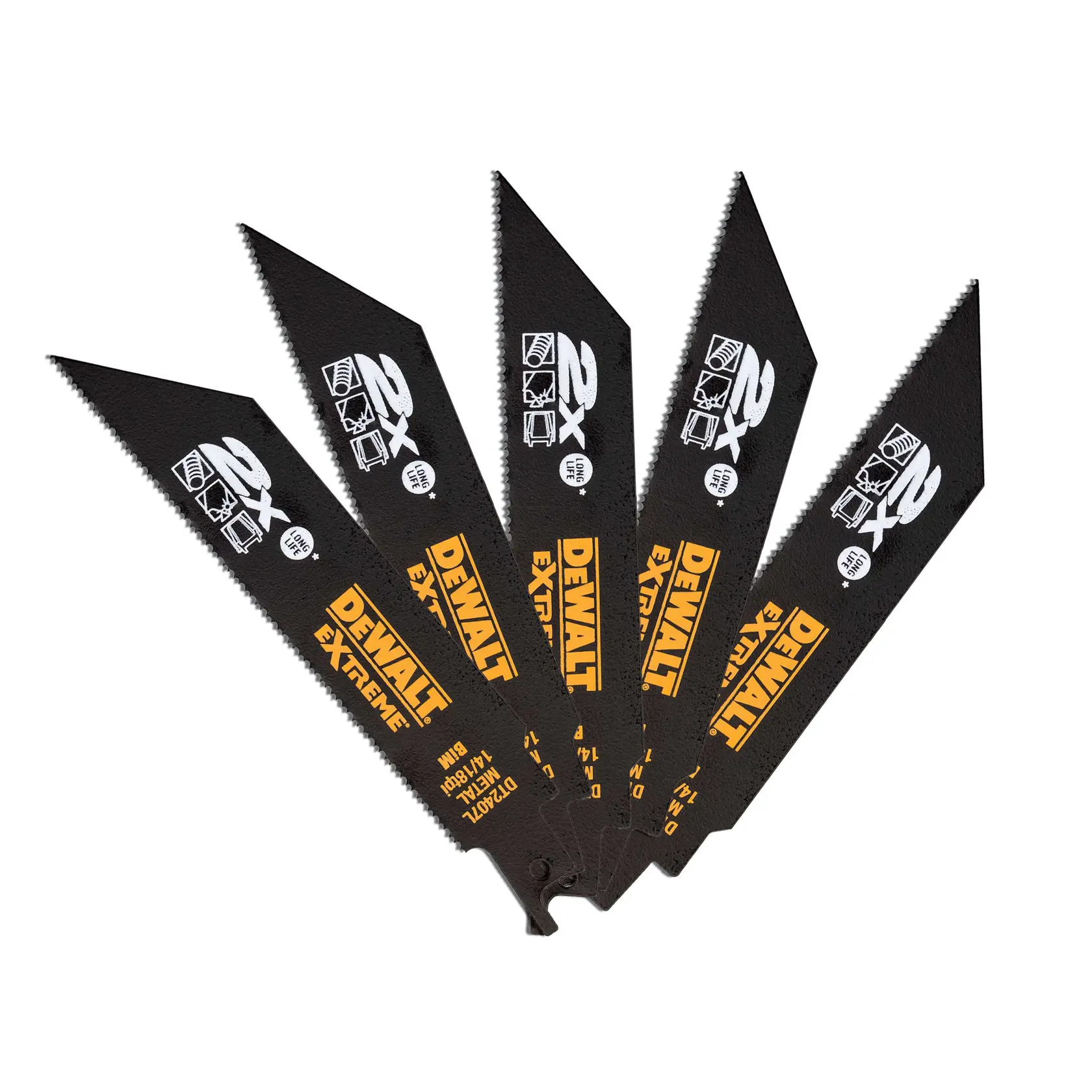 Set of five DEWALT DT2407L black reciprocating saw blades arranged in a fan shape on a white background.