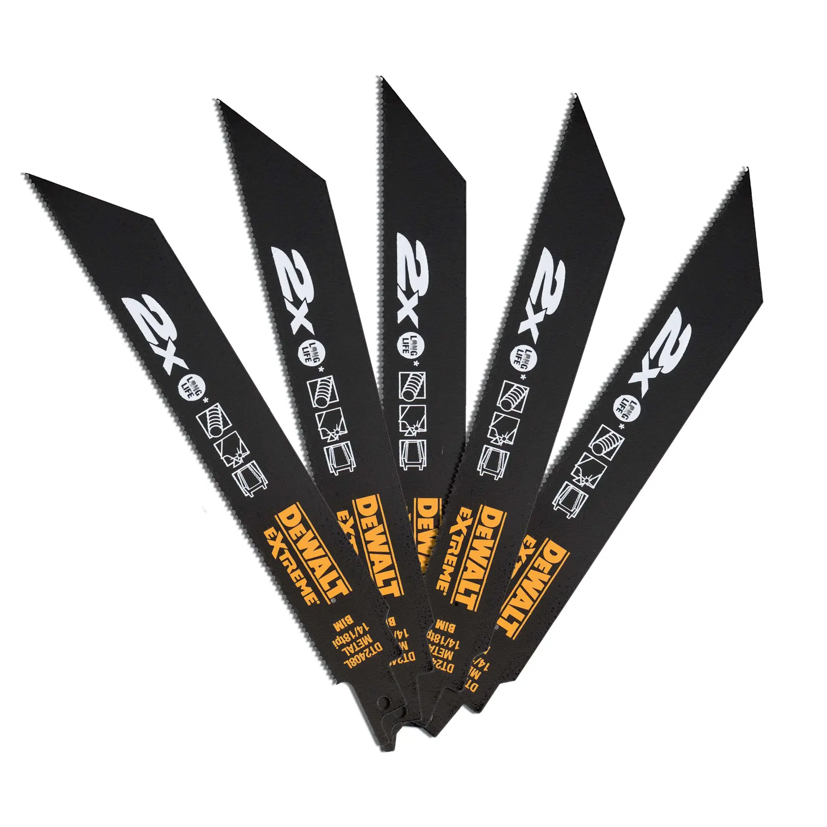 Set of five black DEWALT DT2408L reciprocating saw blades with printed icons and text.