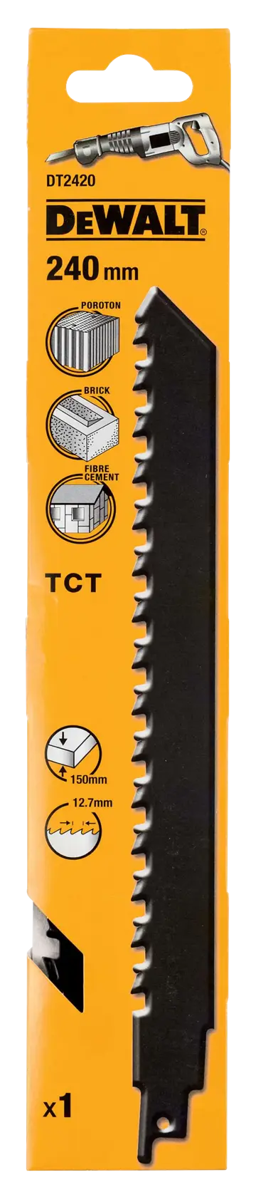DEWALT DT2420 240mm saw blade in yellow packaging, suitable for cutting brick, poroton, and fibre cement.