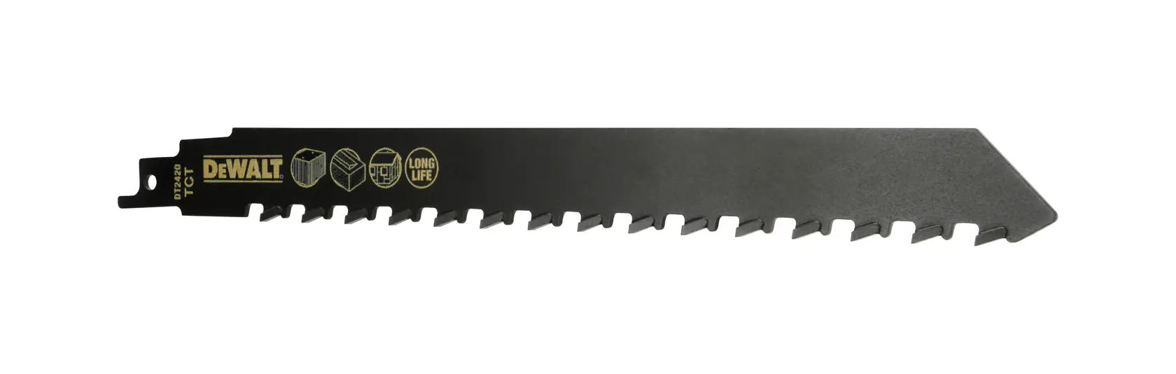 DEWALT DT2420 reciprocating saw blade, black, long life, suitable for cutting wood, packaging visible.