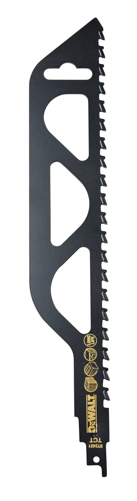 DEWALT DT2421 black reciprocating saw blade with jagged teeth for cutting wood or metal.
