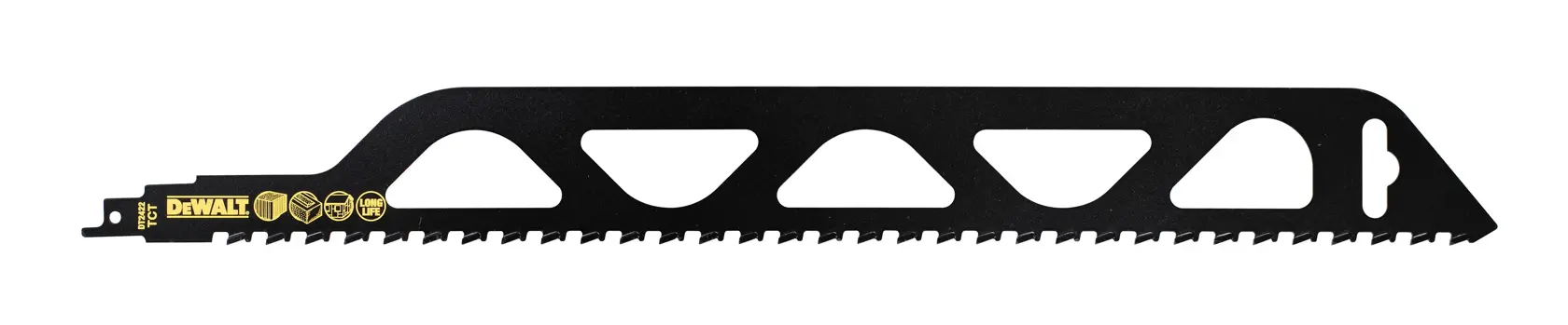 A DEWALT DT2422 black reciprocating saw blade with angled teeth and cutout design, displayed on a white background.