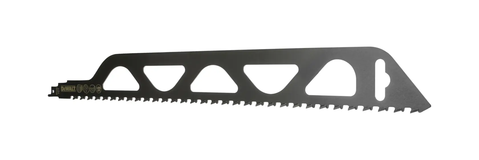 DEWALT DT2422 saw blade with a black finish and angled tooth design, shown on a white background.