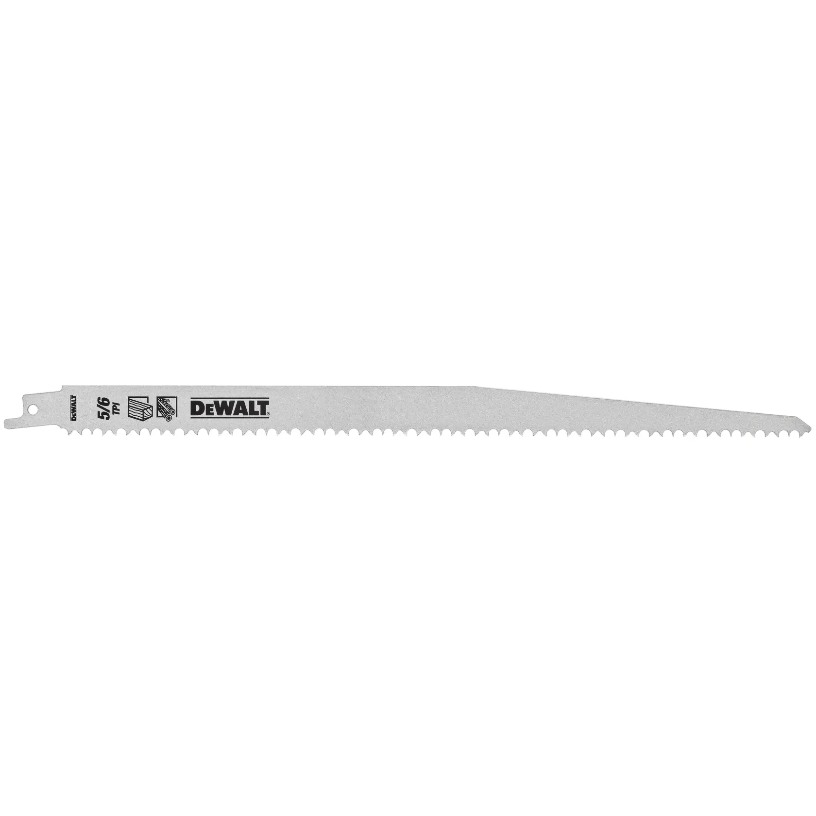 DEWALT DT2432 reciprocating saw blade with sharp teeth, used for cutting wood and metal materials.