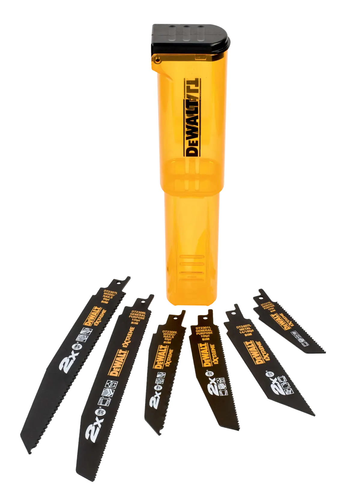 Set of six black DEWALT reciprocating saw blades displayed in front of a transparent yellow DEWALT storage case with a black lid.